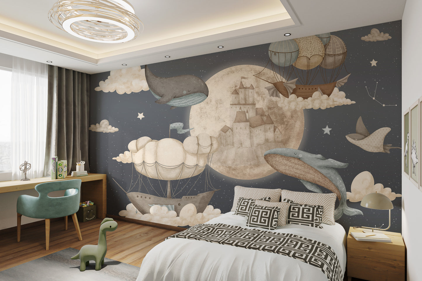 Dreamy night mural featuring celestial ships and sea creatures among fluffy clouds.