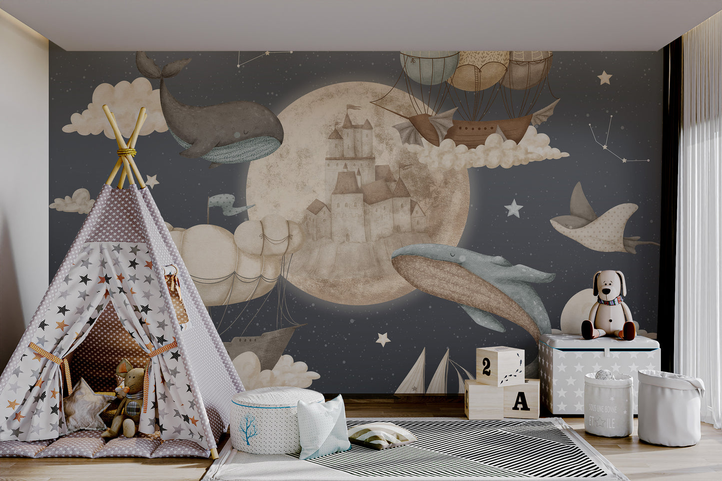 Flying dolphins and whales mural with starry skies, airships, and floating moon castles.