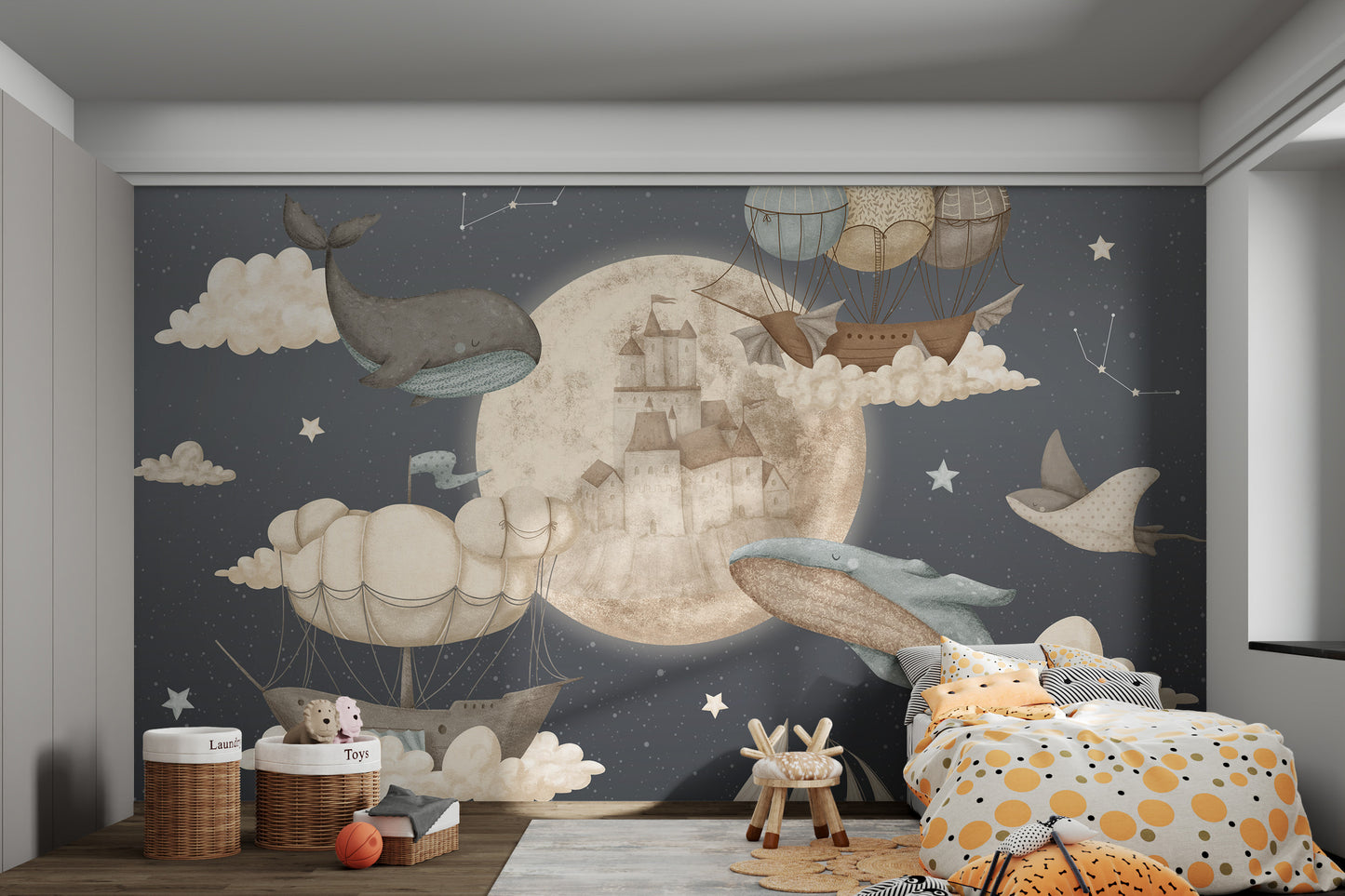 Fantasy ships and marine creatures drifting through clouds and constellations.