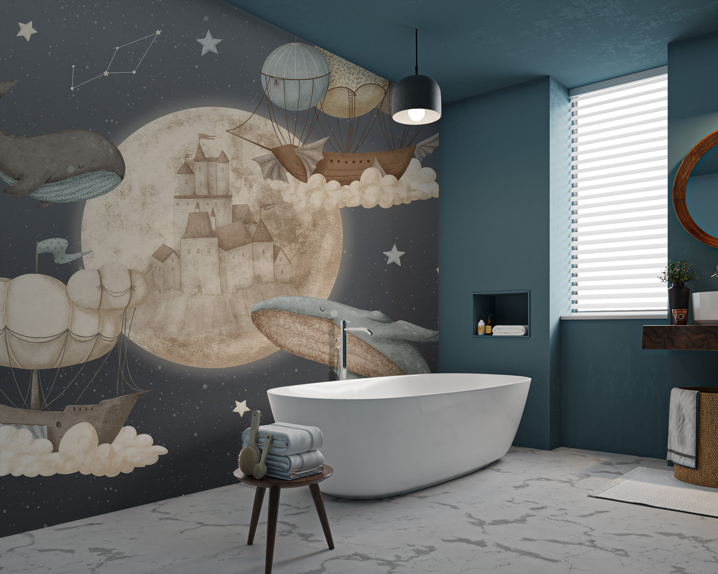 Whales and airships mural under the moonlight surrounded by dreamy stars.