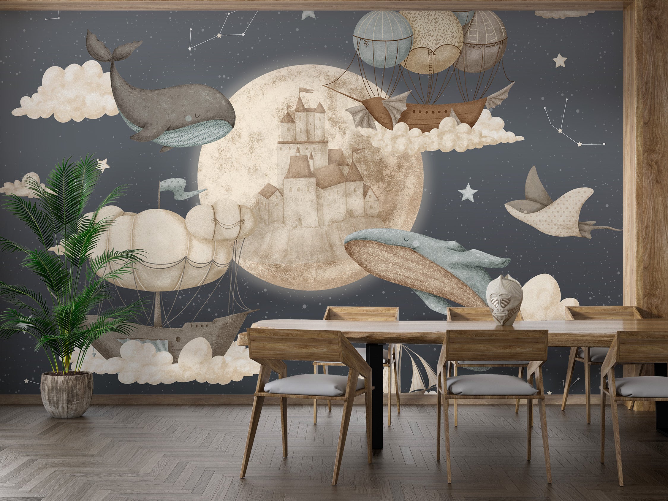 Dolphins and whales soaring across clouds with ships in a starry mural.