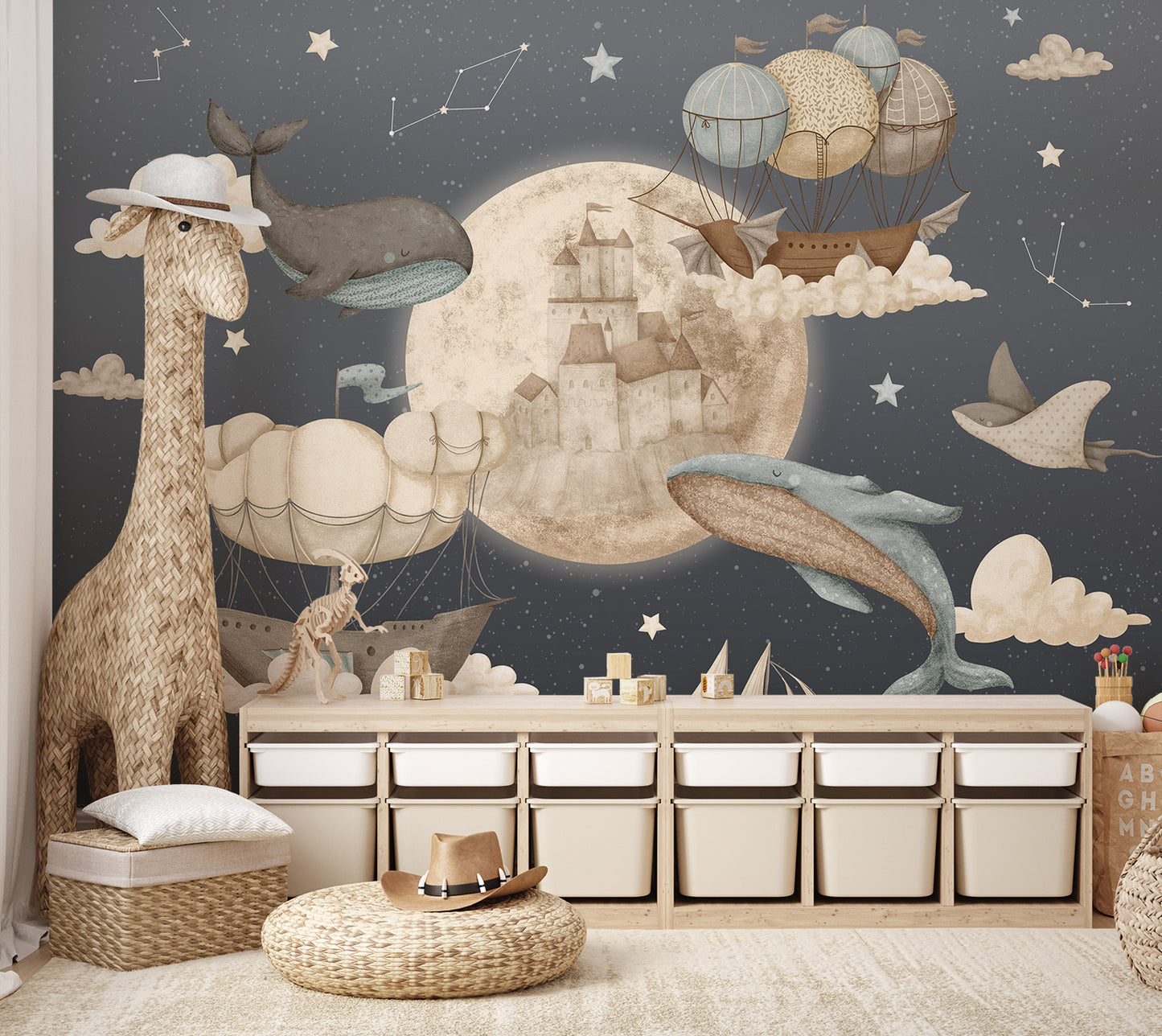 Whimsical marine creatures flying alongside celestial ships and castles in the clouds.