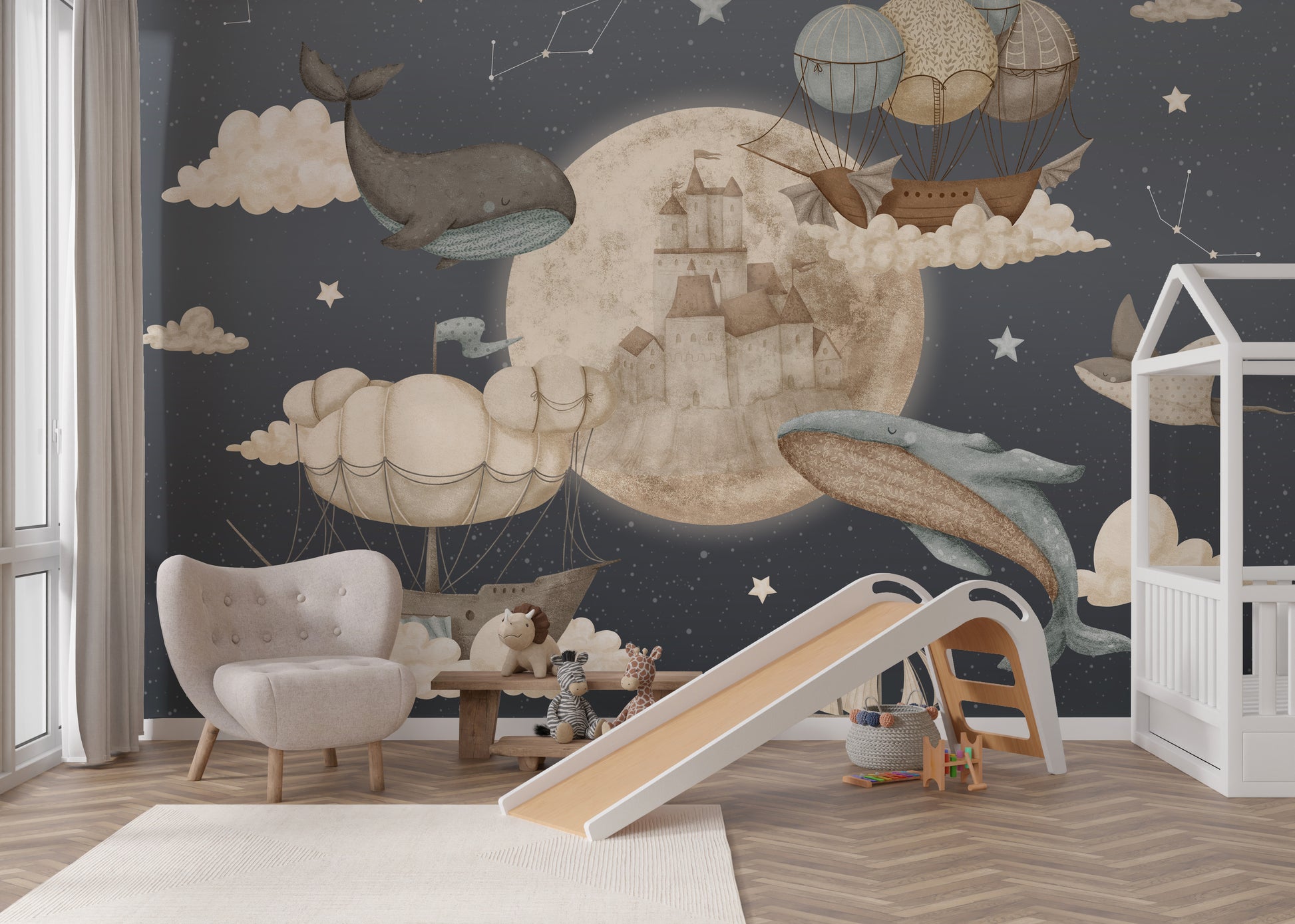 Serene night scene mural featuring whales, ships, and constellations among soft clouds.