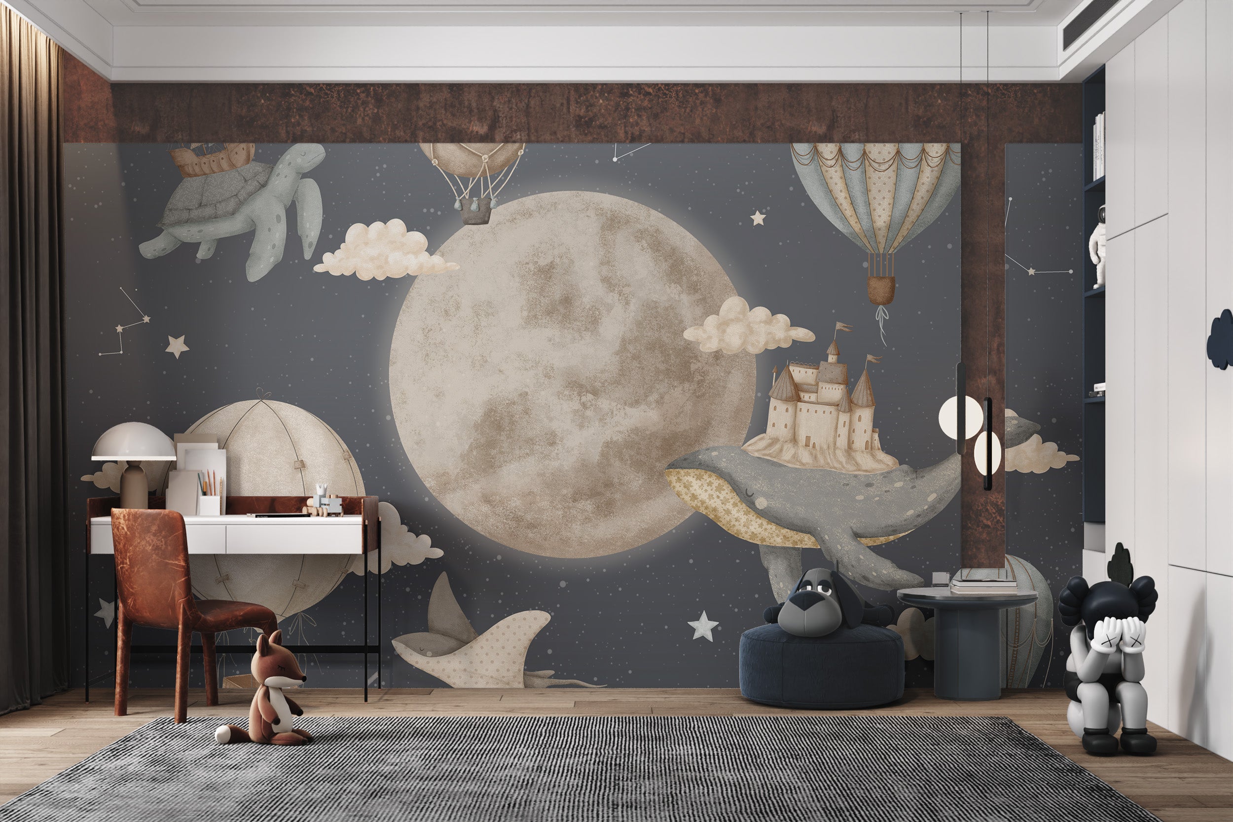 Whimsical mural with hot air balloons, stars, moon, and a floating castle.