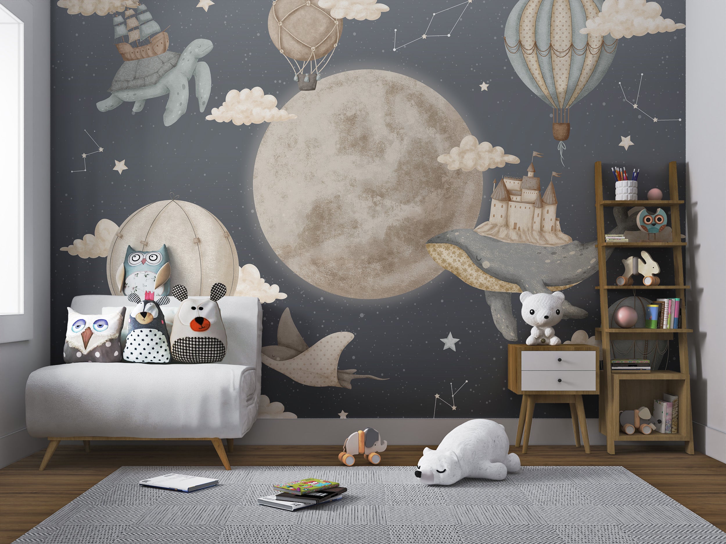 Night sky wallpaper with hot air balloons, whales, clouds, and constellations.