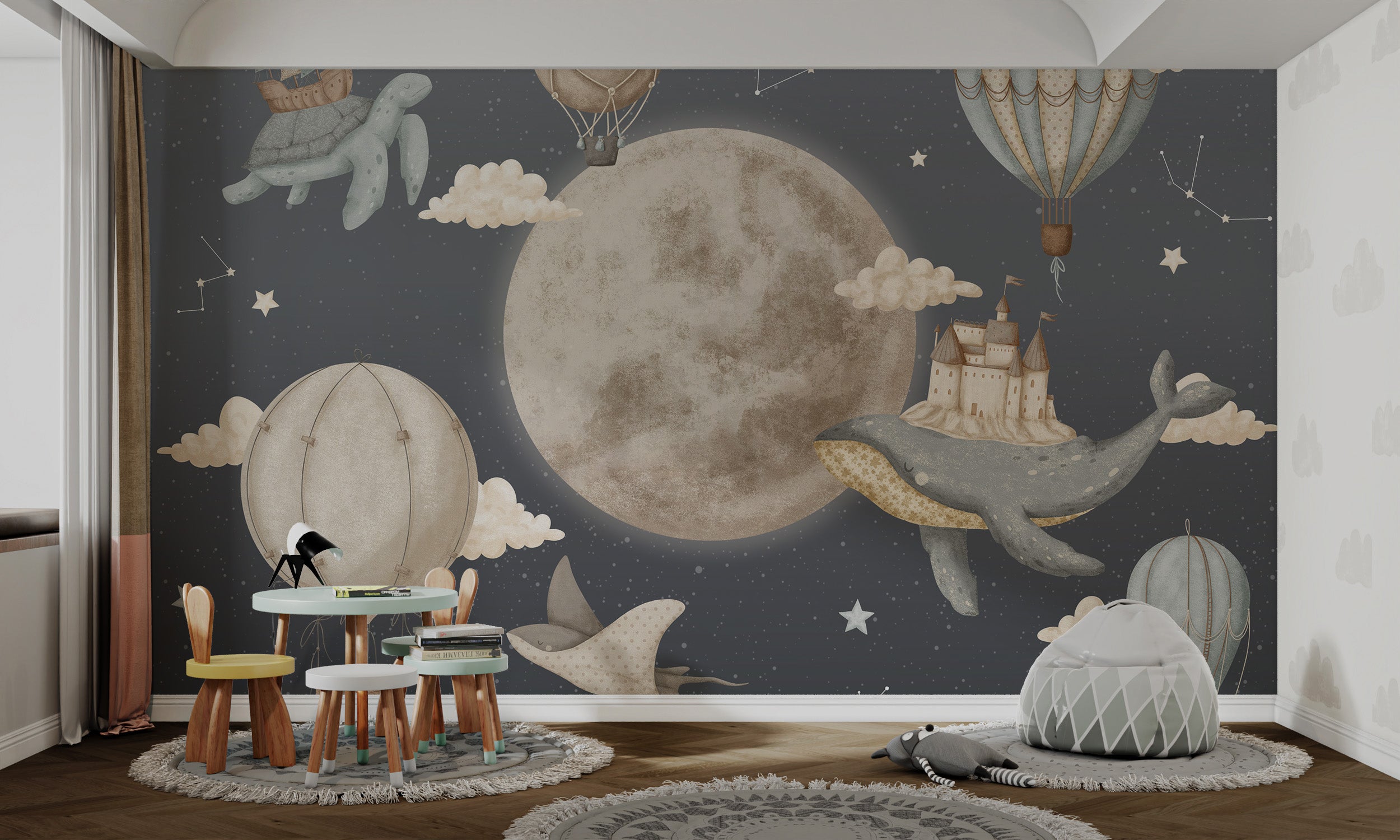 Airships and marine creatures floating in a dreamy, moonlit night scene.