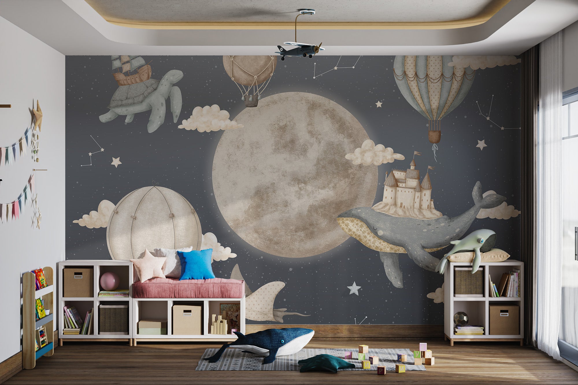 Fantasy wallpaper mural featuring hot air balloons, castles, and whales.