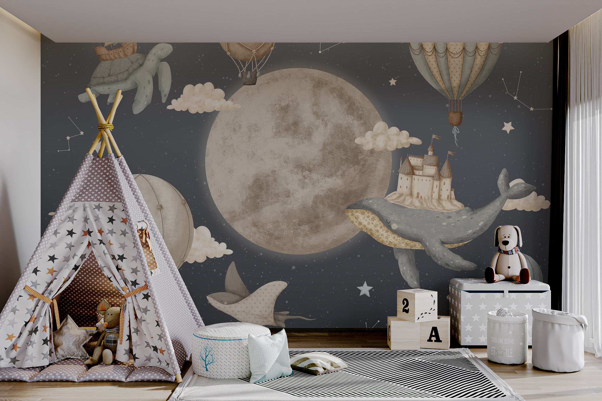 Whimsical ocean animals and airships under stars and the full moon.