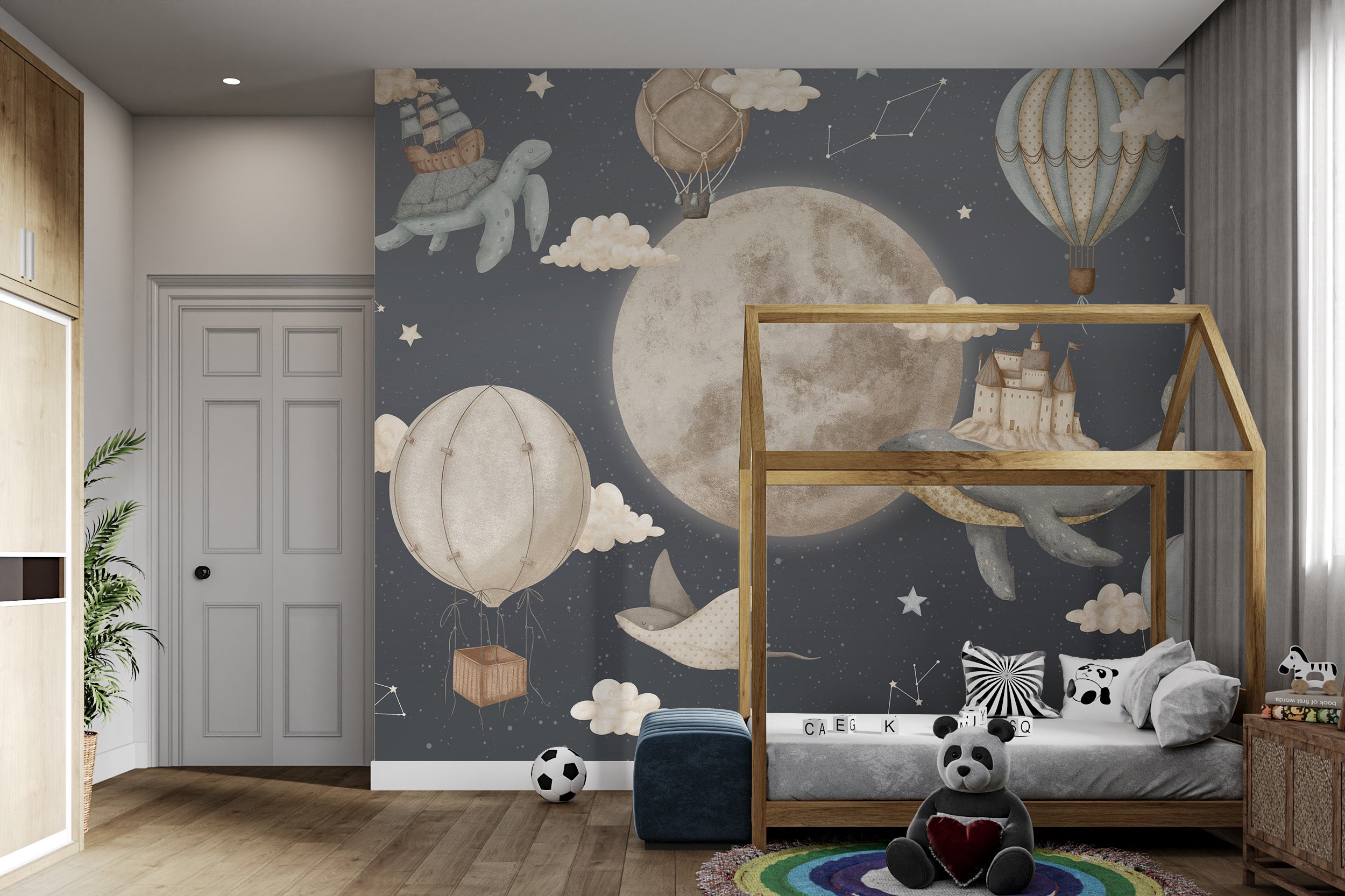 Magical wallpaper with clouds, balloons, constellations, and marine animals.