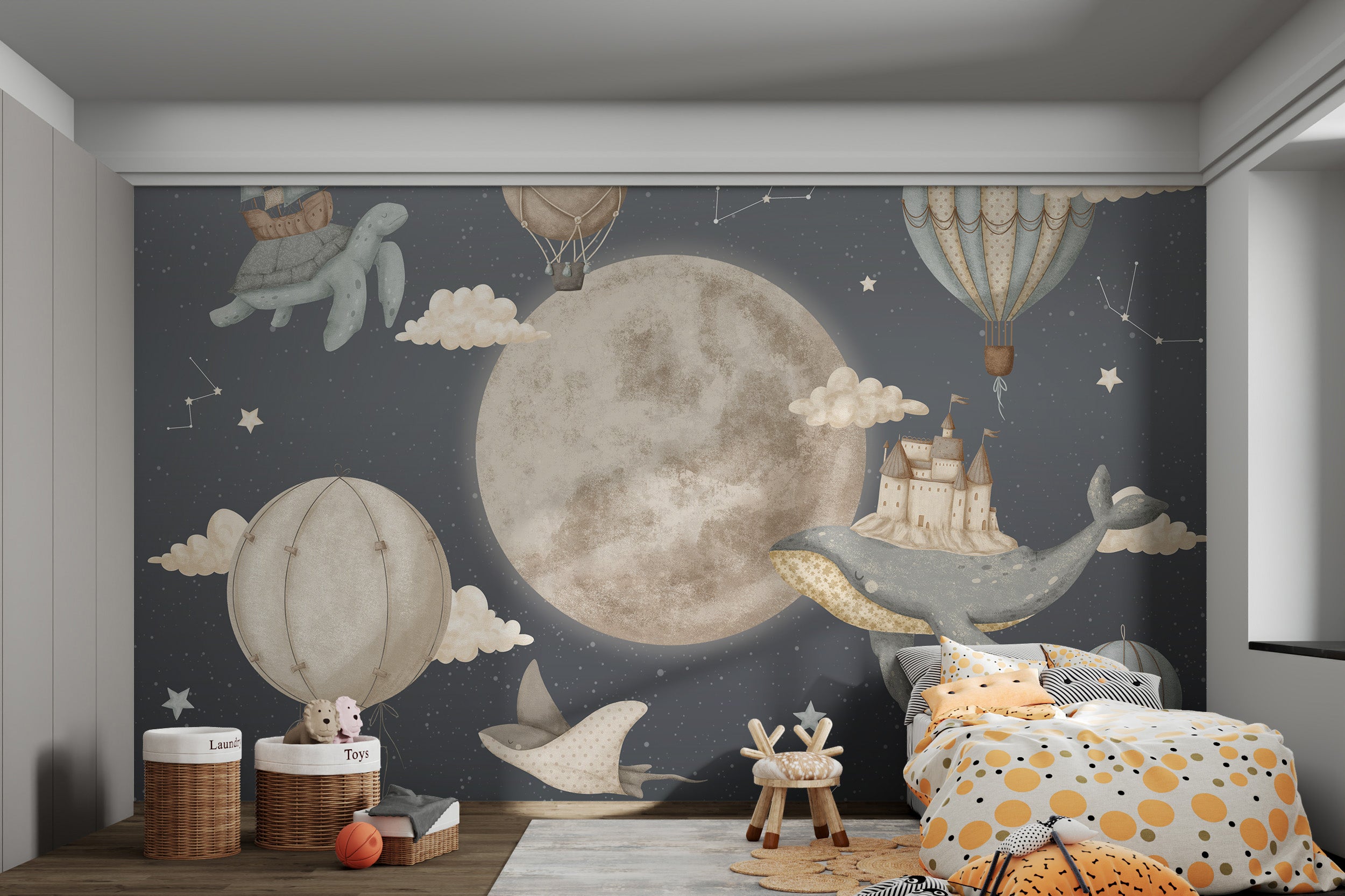 Dreamy mural with hot air balloons and ocean animals floating in the sky.