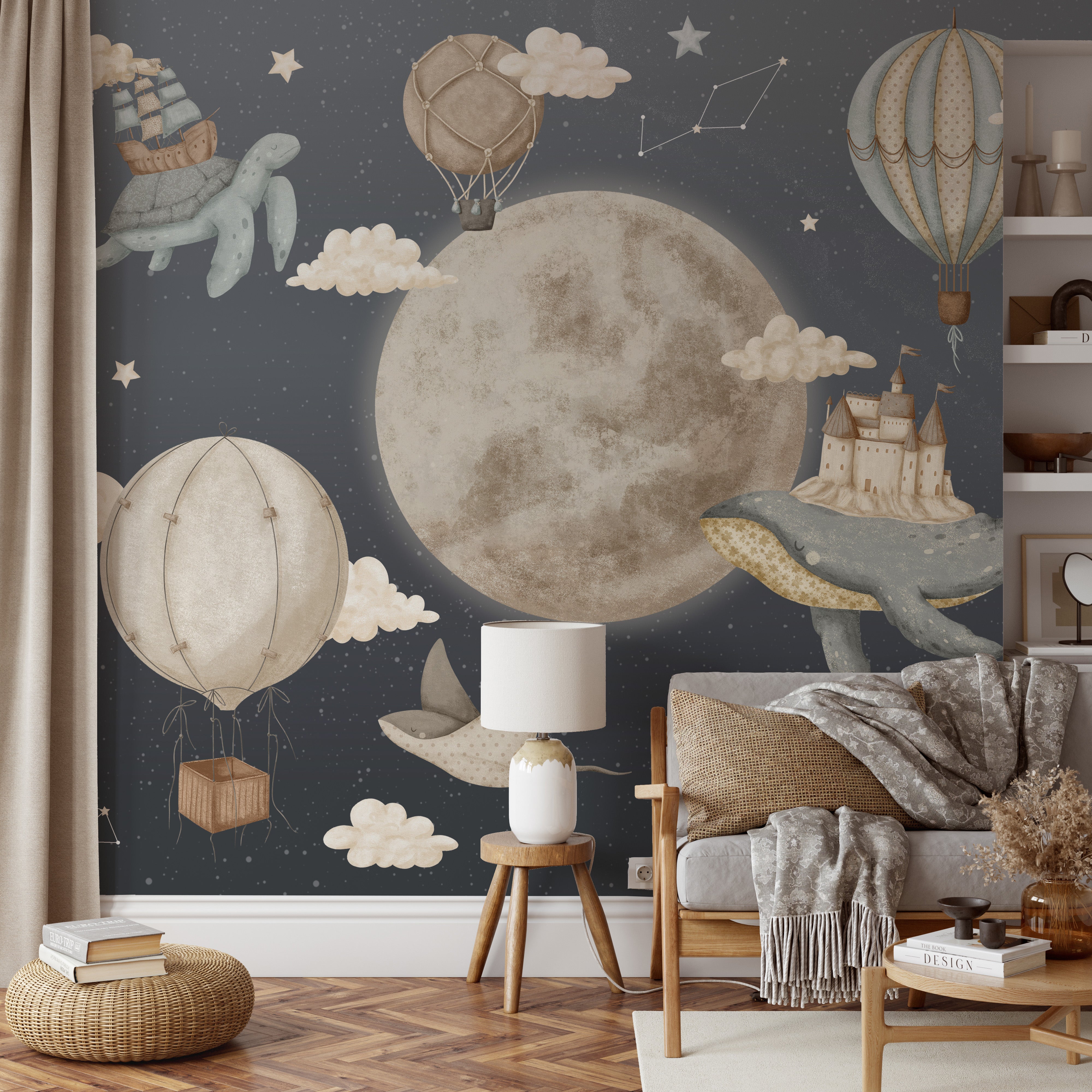 Ocean animals and airships floating among stars in a dreamlike wallpaper.