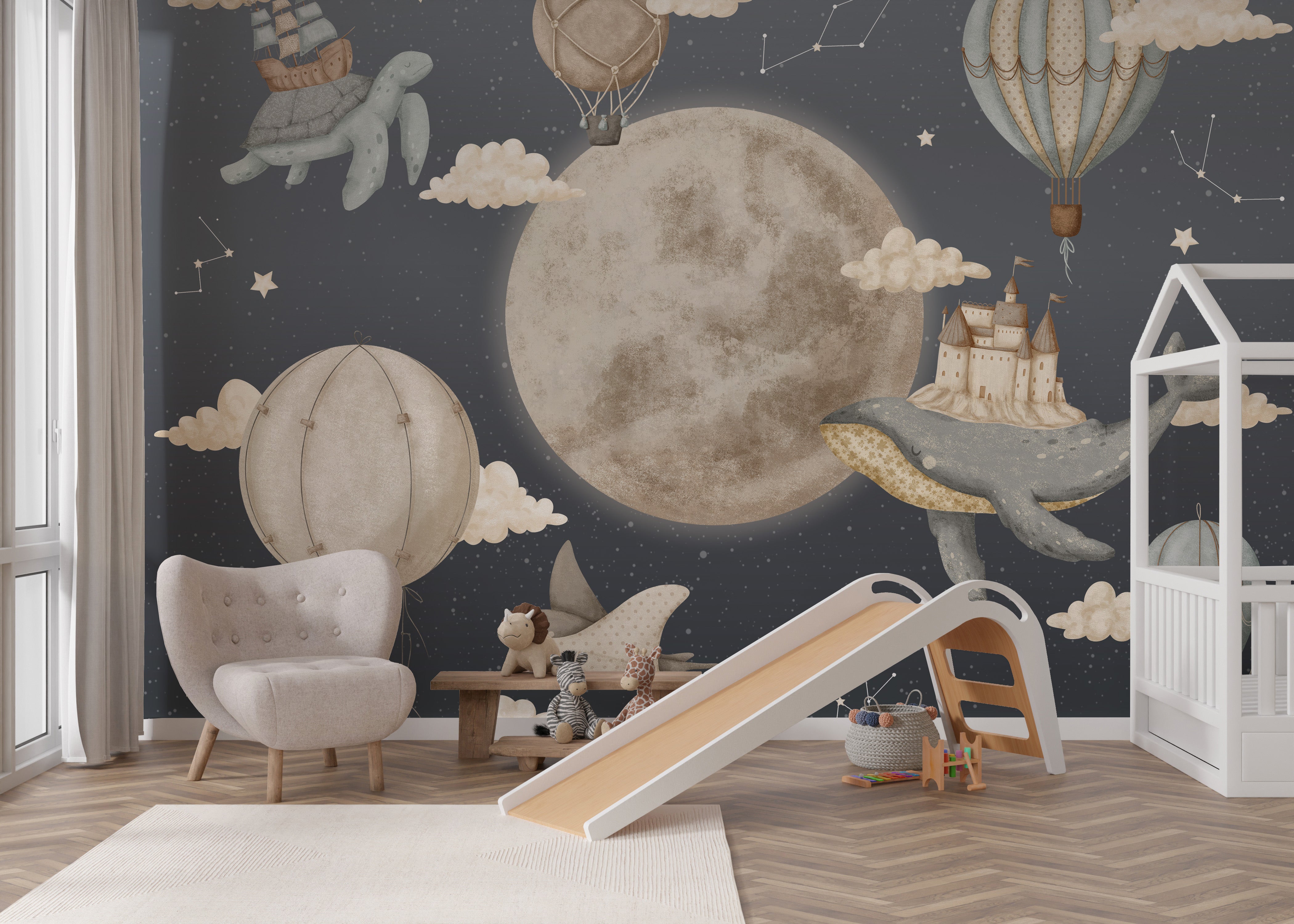 Playful night mural with balloons, clouds, and marine animals in flight.