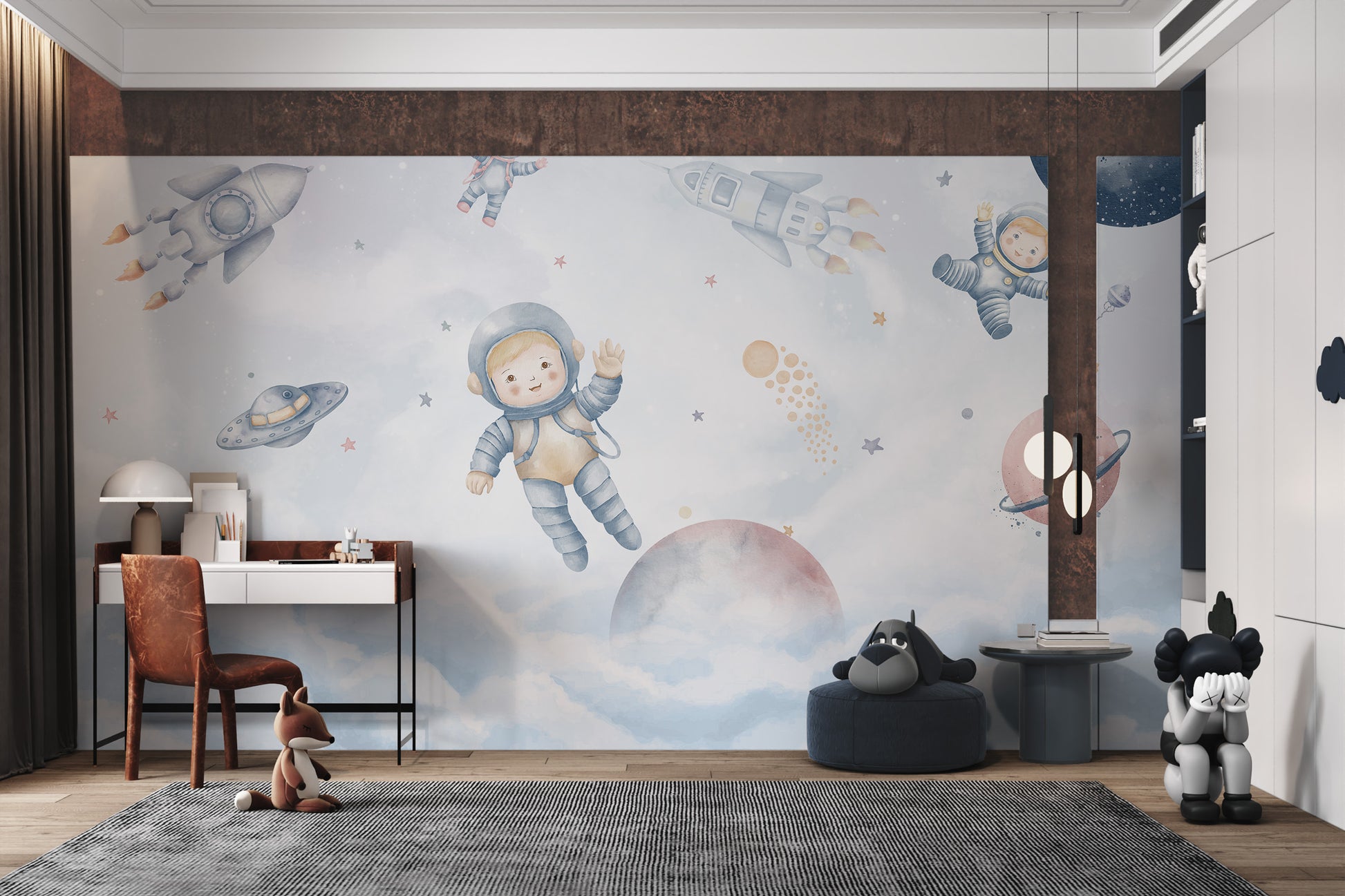 Whimsical space adventure with child astronauts, rockets, and colorful planets in the sky.