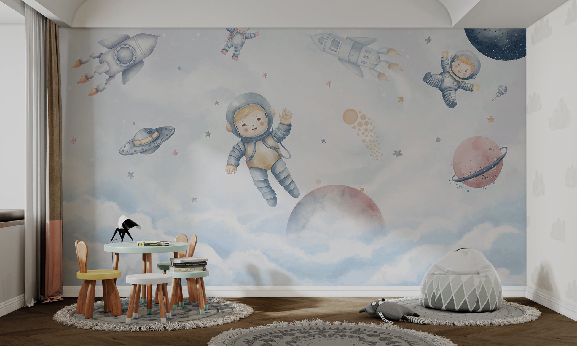 Cute astronauts floating alongside rockets, planets, and clouds in outer space.