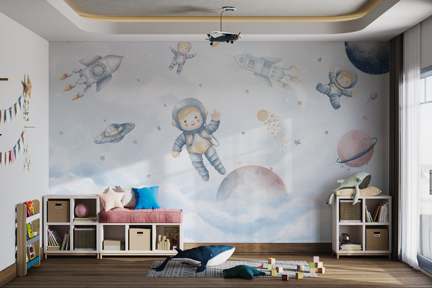 Kids in astronaut suits exploring the stars with spaceships and planets around them.