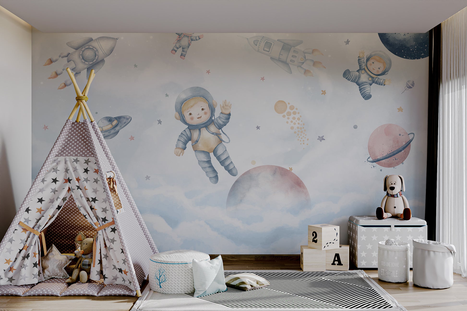 A dreamy outer space scene featuring kids in space suits and colorful planets.