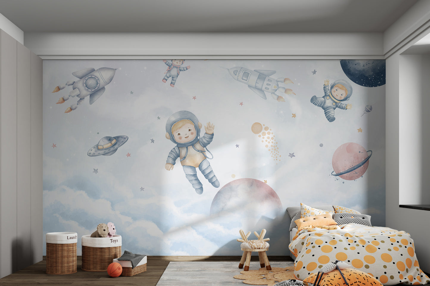 Little astronauts floating among rockets, planets, and stars in a dreamy space scene.