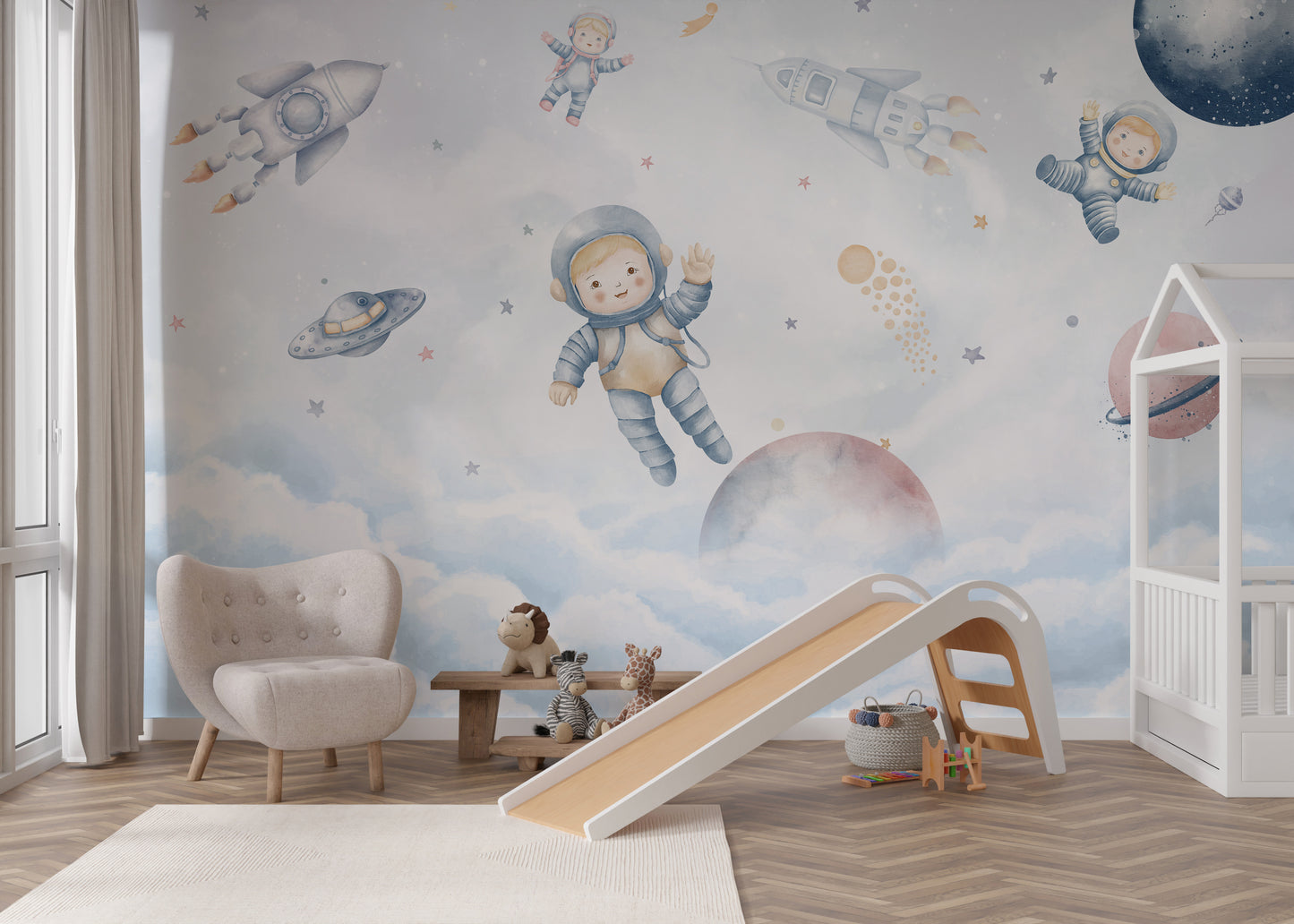 Charming space scene with astronauts, rockets, clouds, and stars in the galaxy.