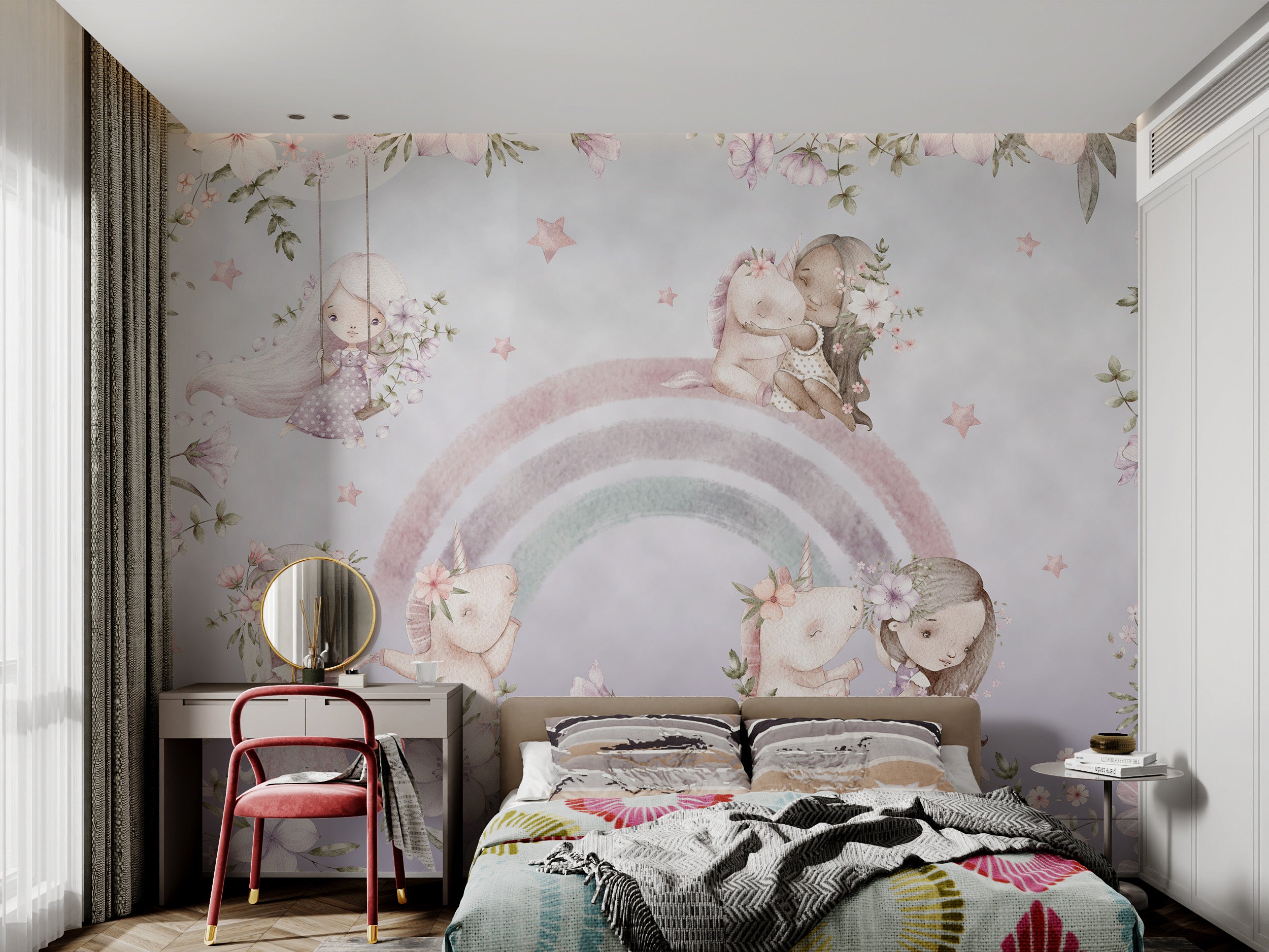 Pastel-themed wallpaper of girls, unicorns, rainbows, and blooming flowers.