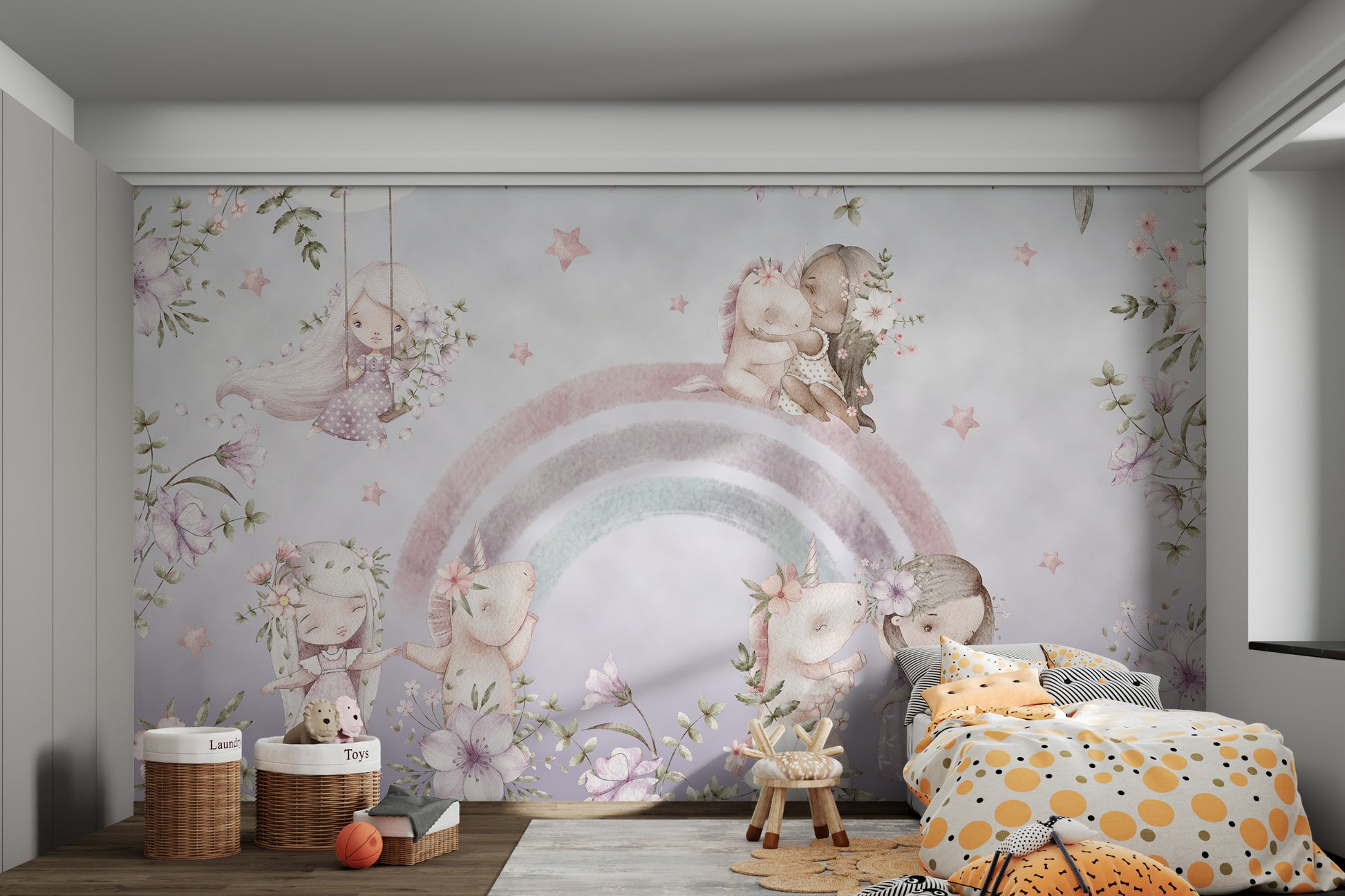 Pastel flowers and playful children riding unicorns under a whimsical sky.