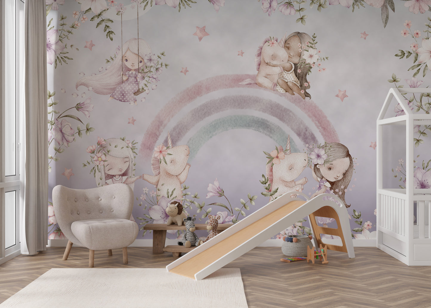 Floral wallpaper with unicorns, playful children, and pastel rainbows.