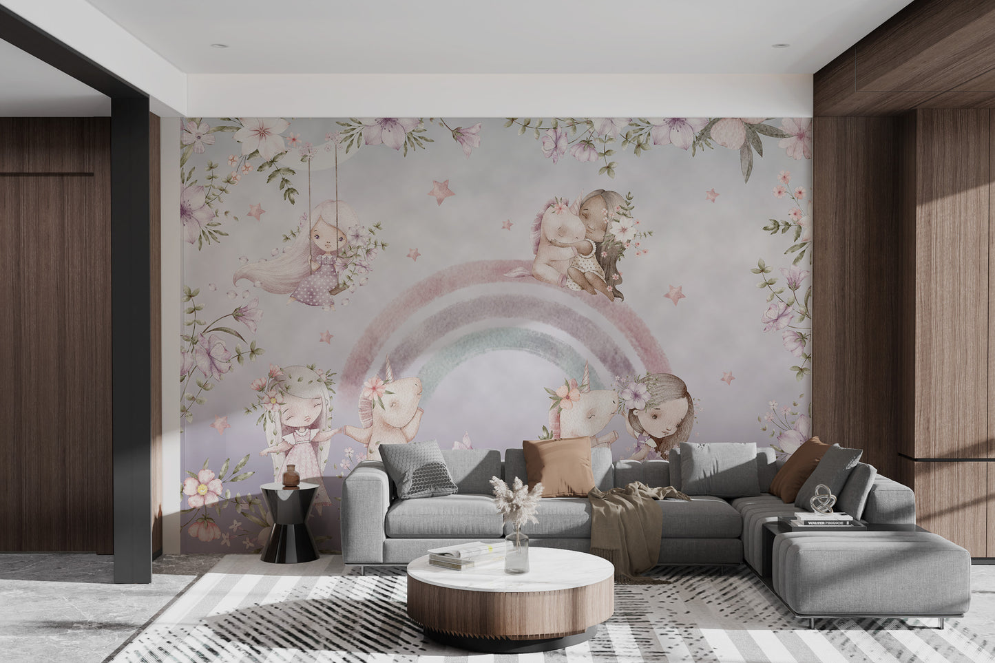 Child and unicorns playing on rainbow wallpaper with floral accents.