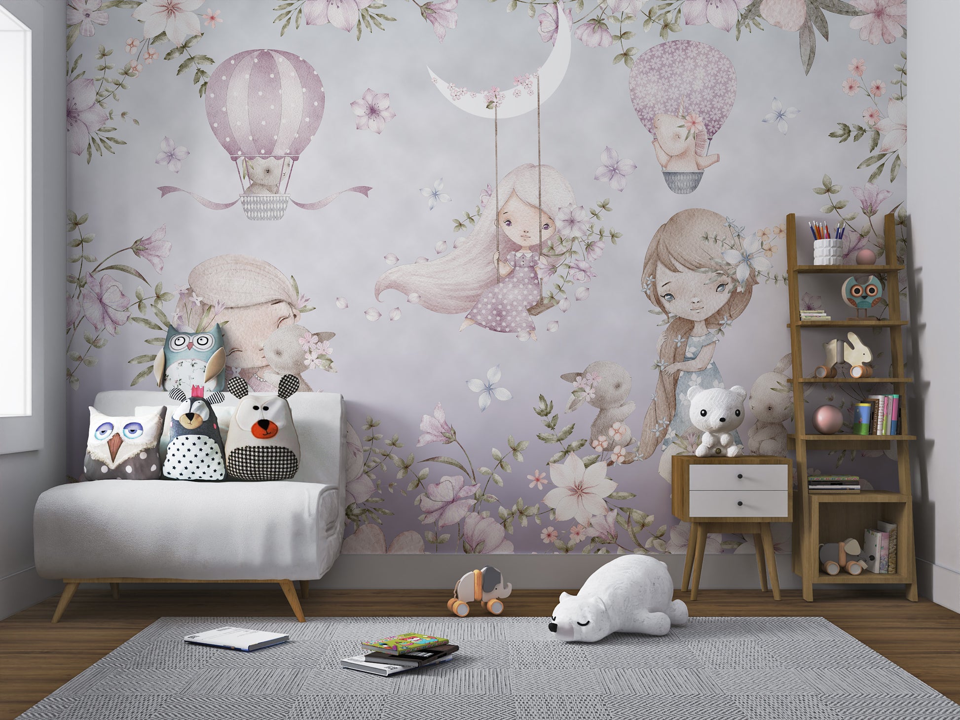 Pastel wallpaper with girls, animals, flowers, and hot air balloons.