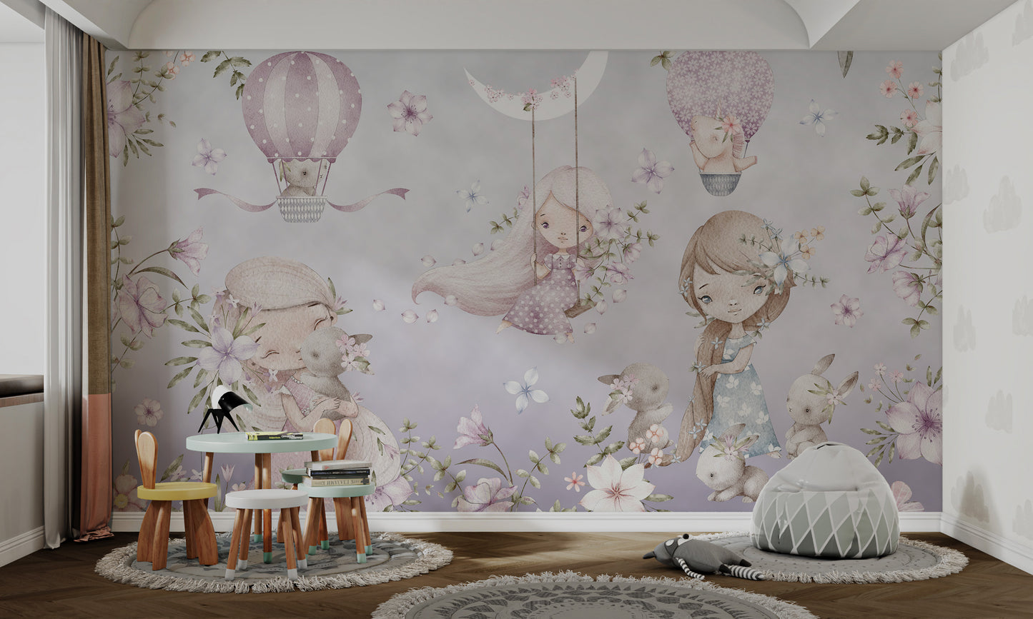 Whimsical girls with flowers, bunnies, and balloons in a pastel floral forest.