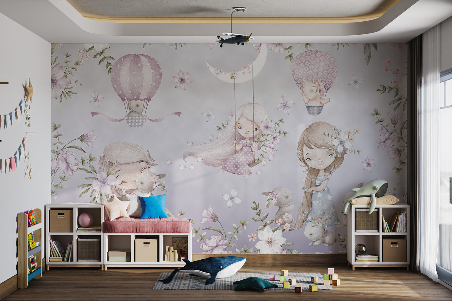 Soft pastel wallpaper featuring girls, animals, flowers, and hot air balloons.