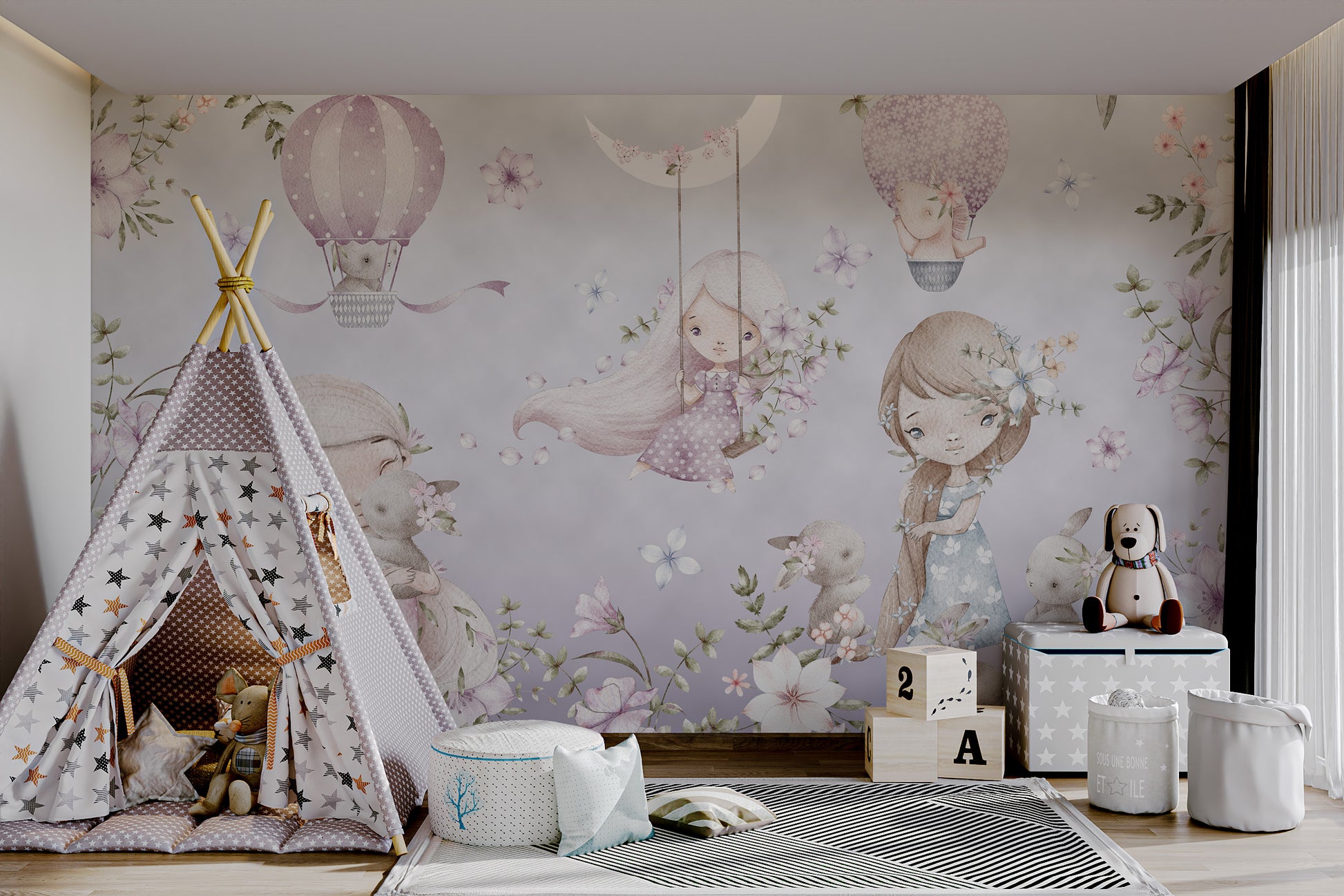 Delicate floral wallpaper with bunnies, girls, and soft lavender shades.