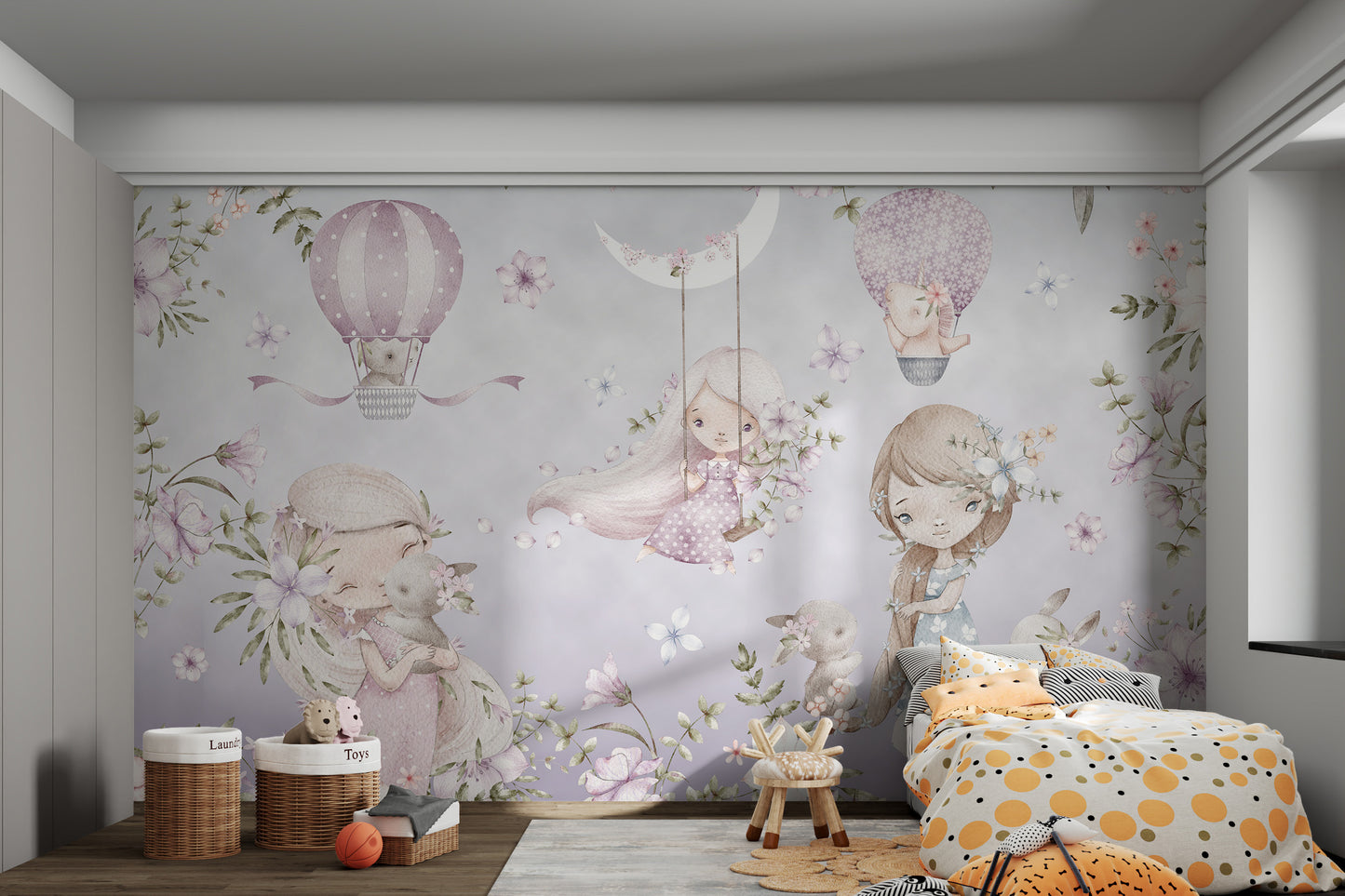 Pastel balloons, flowers, and animals surrounding playful girls in a soft forest.