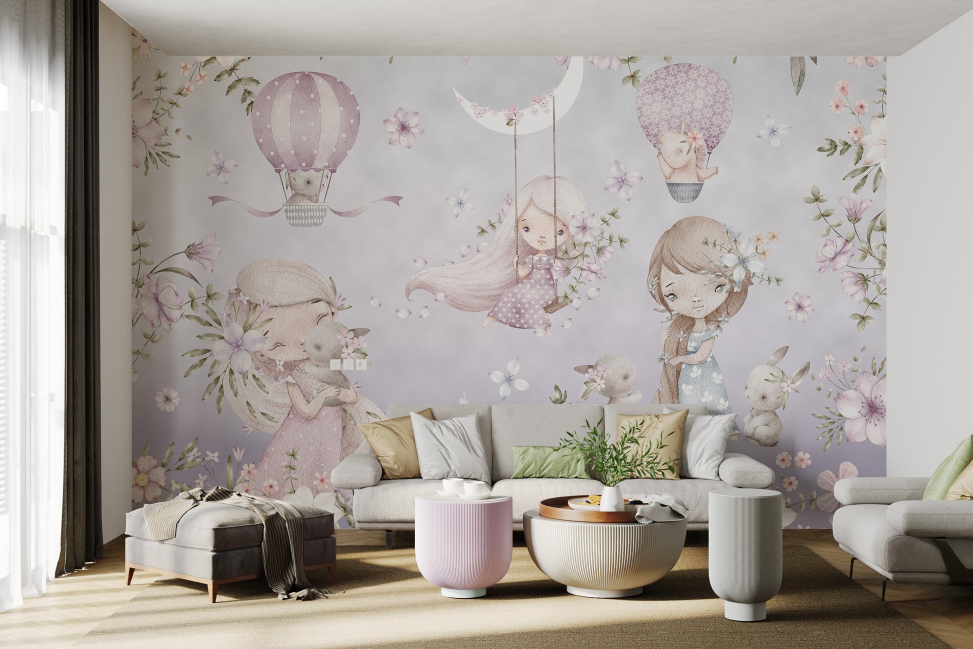 Lovely floral wallpaper with girls, hot air balloons, and lavender accents.