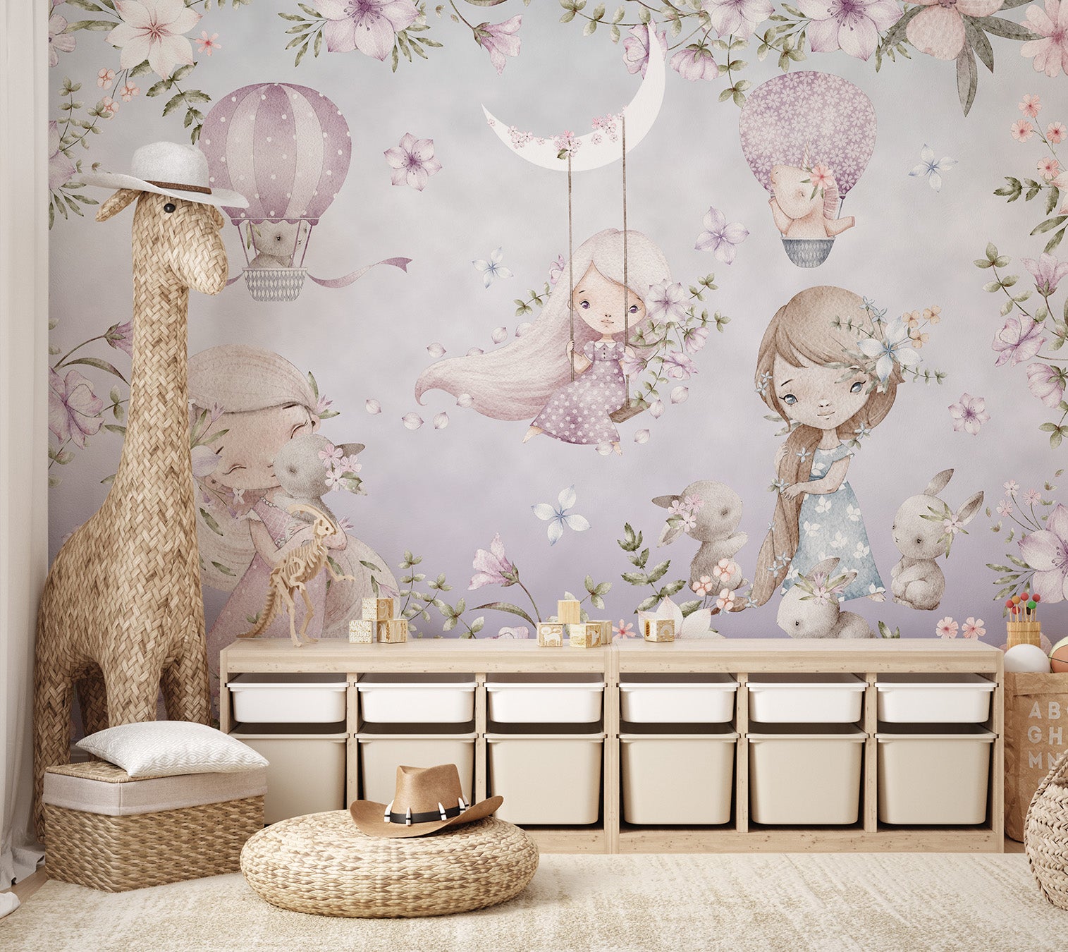 Charming pastel scene with flowers, bunnies, and playful girls under the moon.