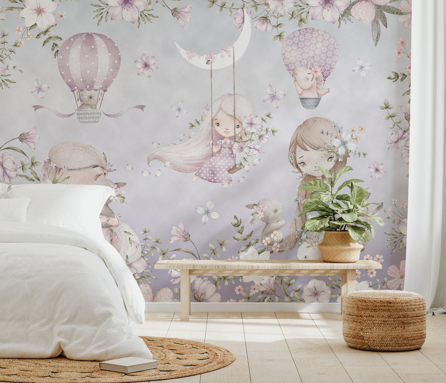 Soft pink floral wallpaper featuring girls on swings, bunnies, and balloons.