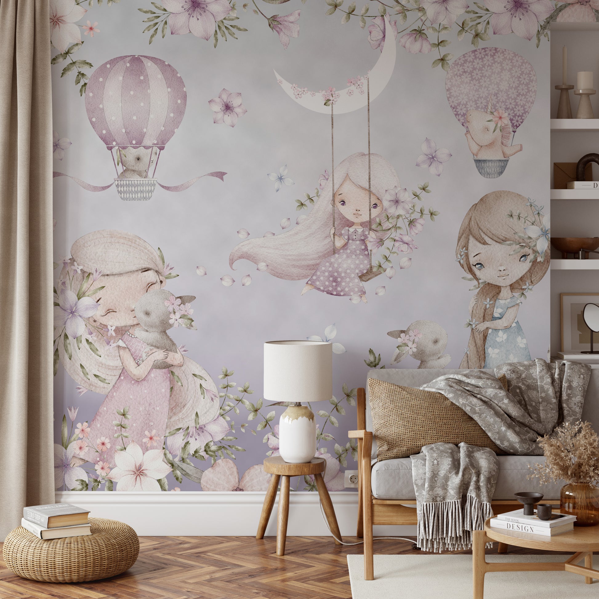 Enchanting wallpaper with girls, animals, and flowers in pastel tones.