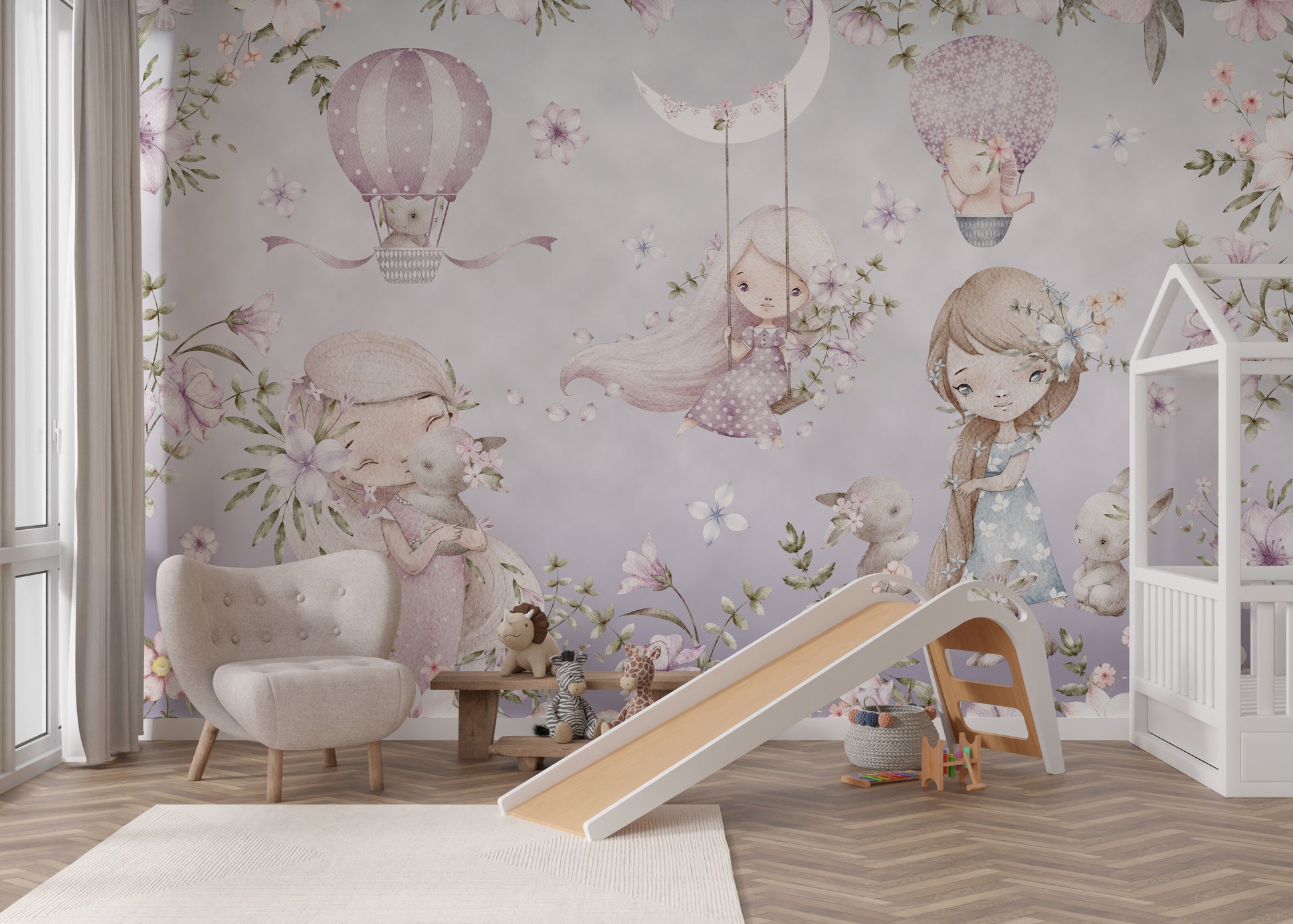 Lavender and pink wallpaper featuring girls, flowers, and animals.