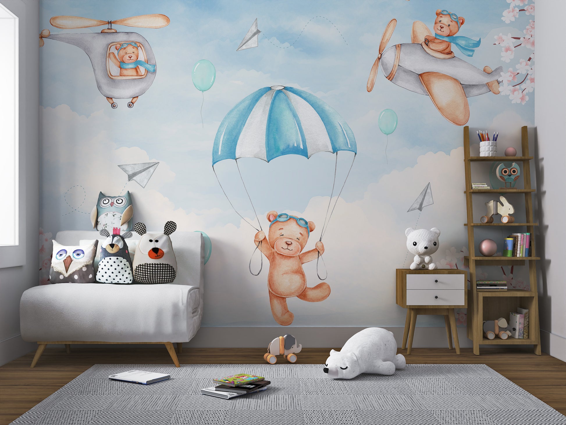 Happy teddy bear parachuting down amidst balloons and paper planes in the sky.