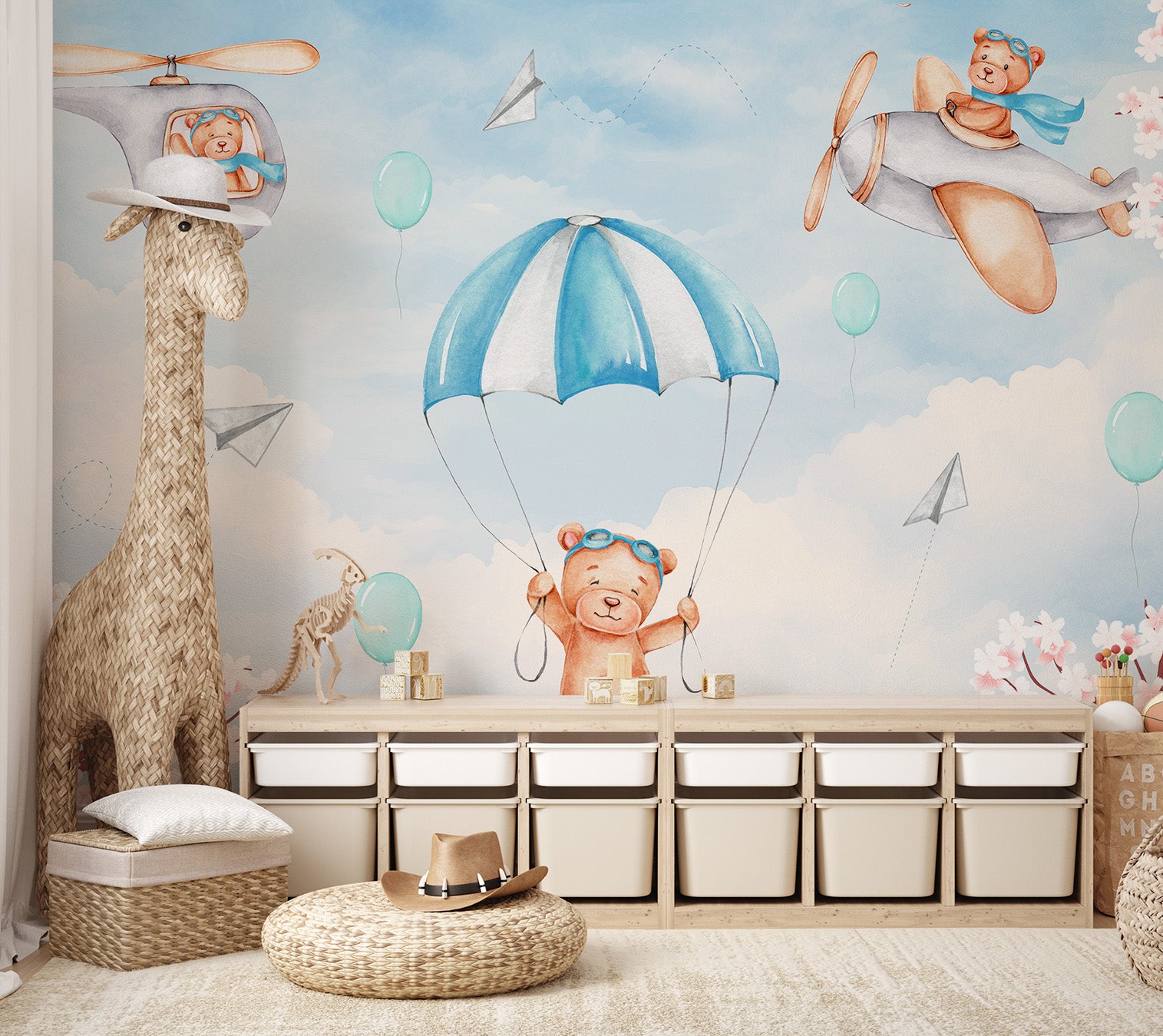 Playful teddy bears in a whimsical sky filled with balloons and clouds.