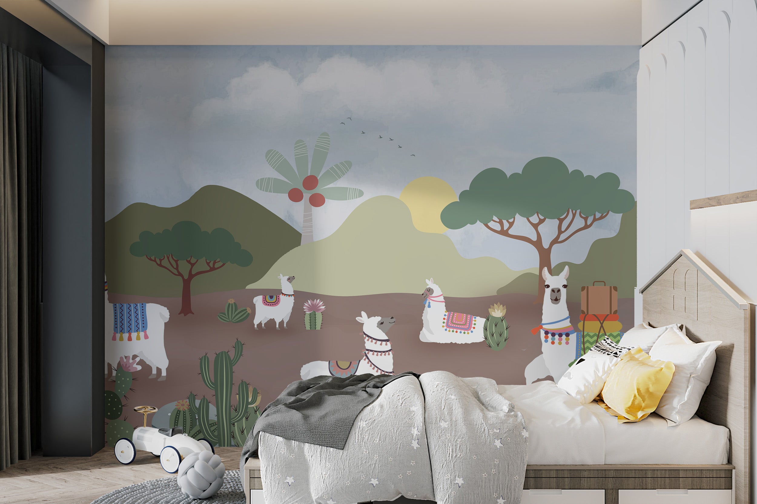 Whimsical desert mural with llamas, cacti, wildflowers, and distant rolling mountains.