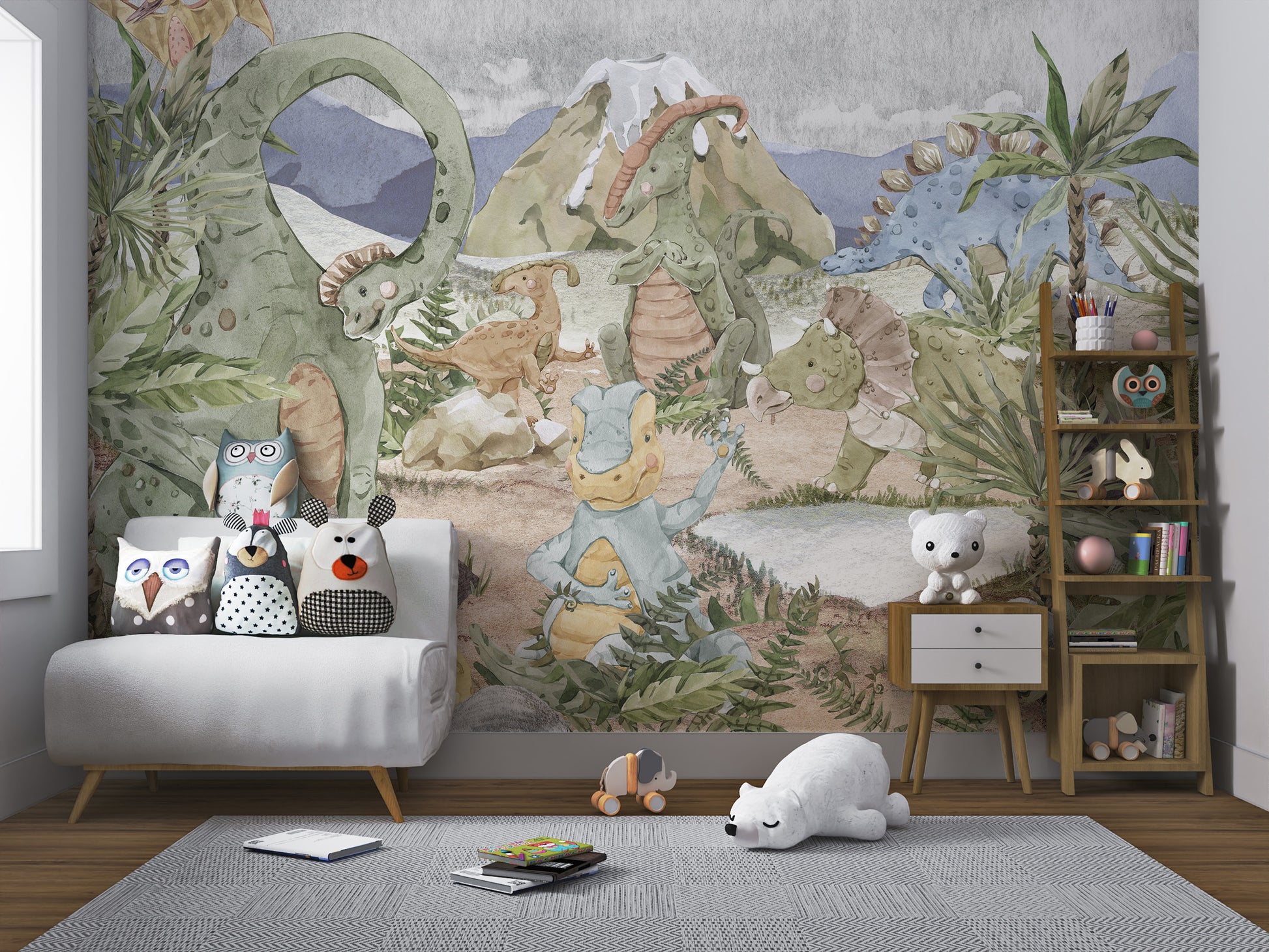 Watercolor mural with gentle dinosaurs and lush tropical plants in a prehistoric valley.