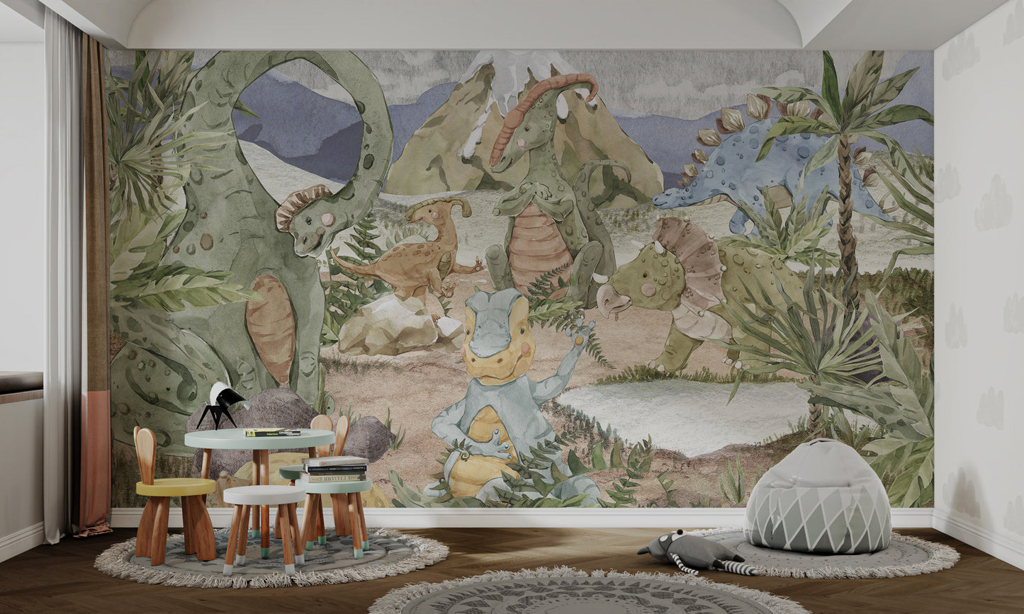 Whimsical watercolor mural of playful dinosaurs in a lush prehistoric landscape.