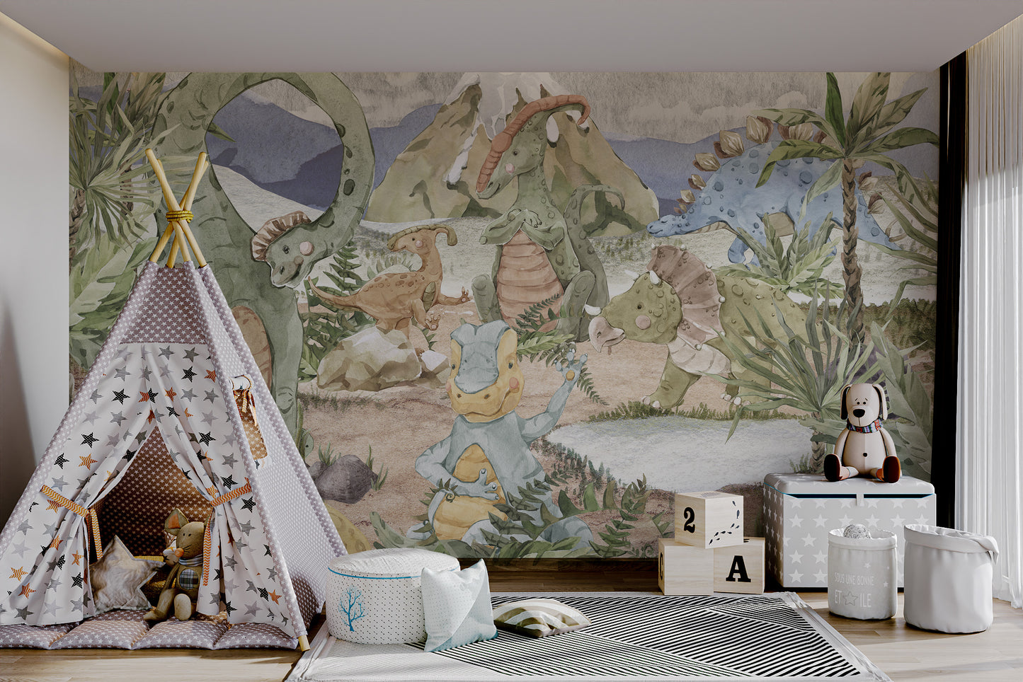 Adorable dinosaurs playing amidst greenery and distant mountains in a scenic mural.