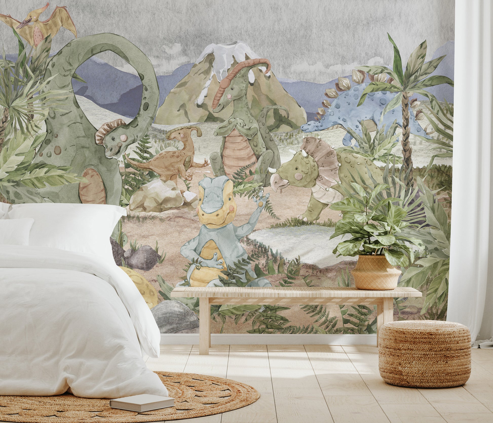 Whimsical watercolor mural of playful dinosaurs in a lush prehistoric landscape.