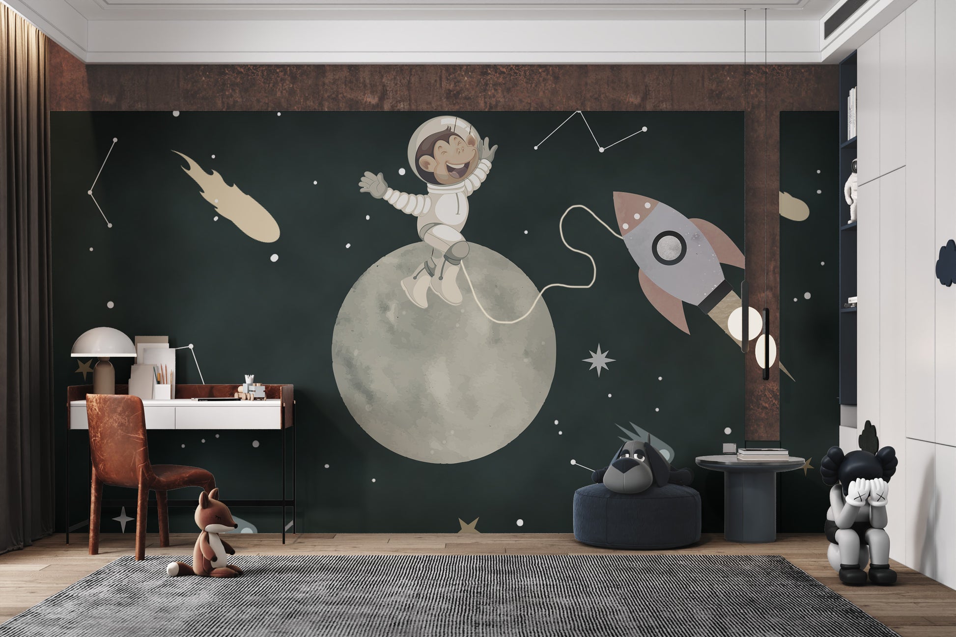 Whimsical space mural with a monkey astronaut, stars, and a rocket.