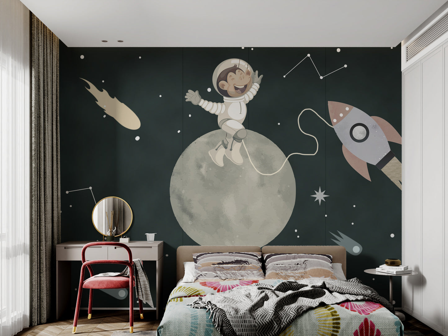 Playful wallpaper showing a monkey in space with stars and constellations.