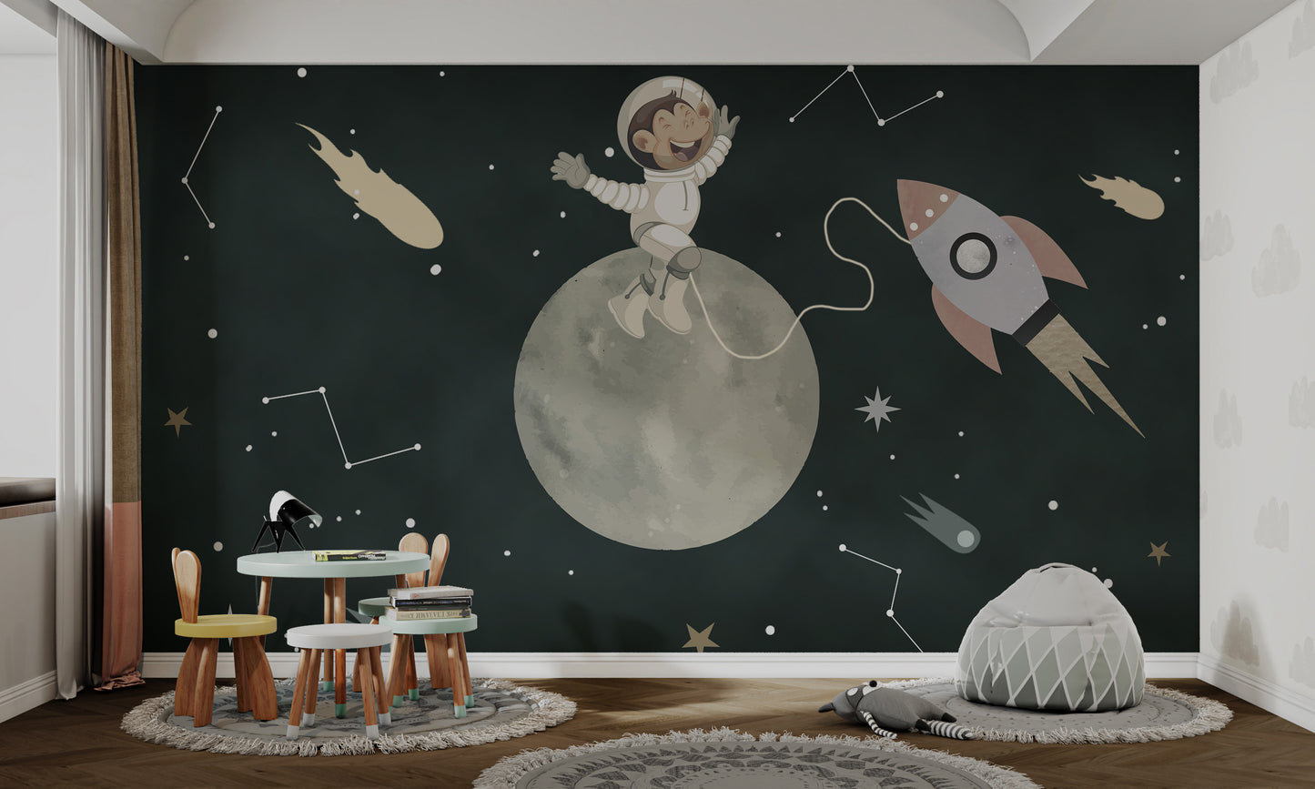 Cute monkey astronaut sitting on the moon with comets and stars around.