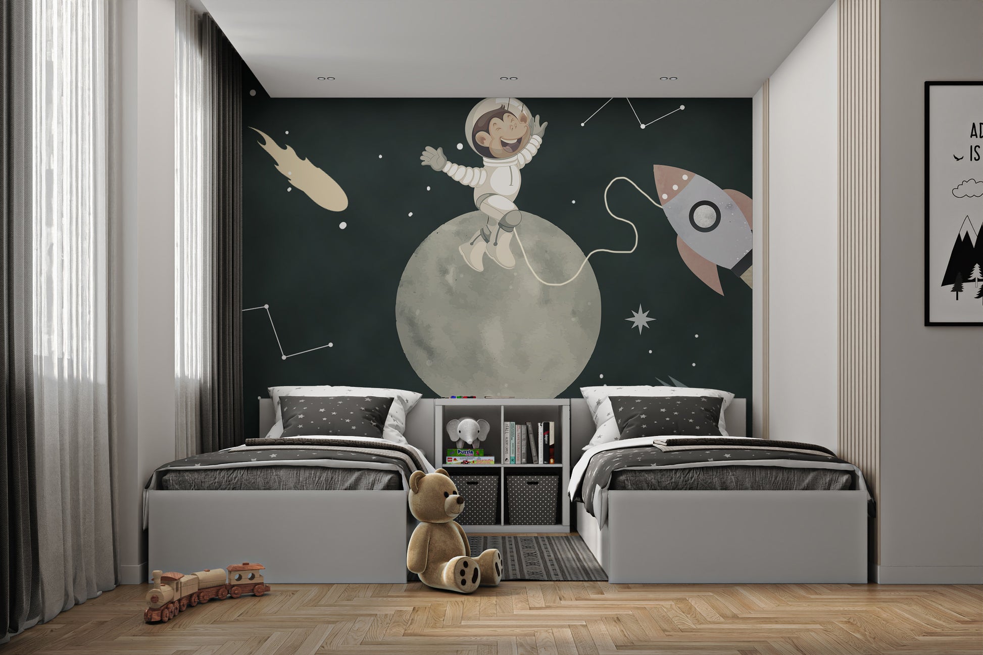 Rocket mural featuring a monkey astronaut with stars and comets.