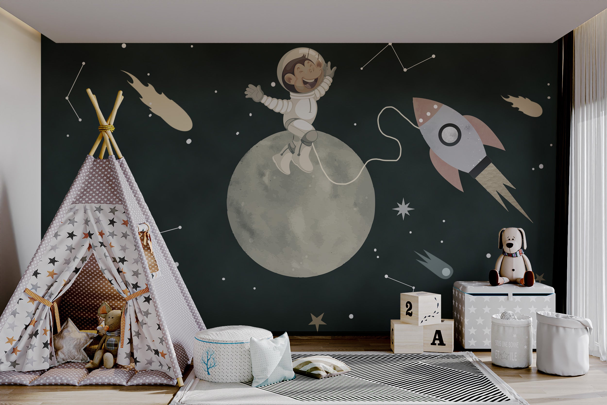 Whimsical mural with a monkey in a spacesuit flying near a rocket.