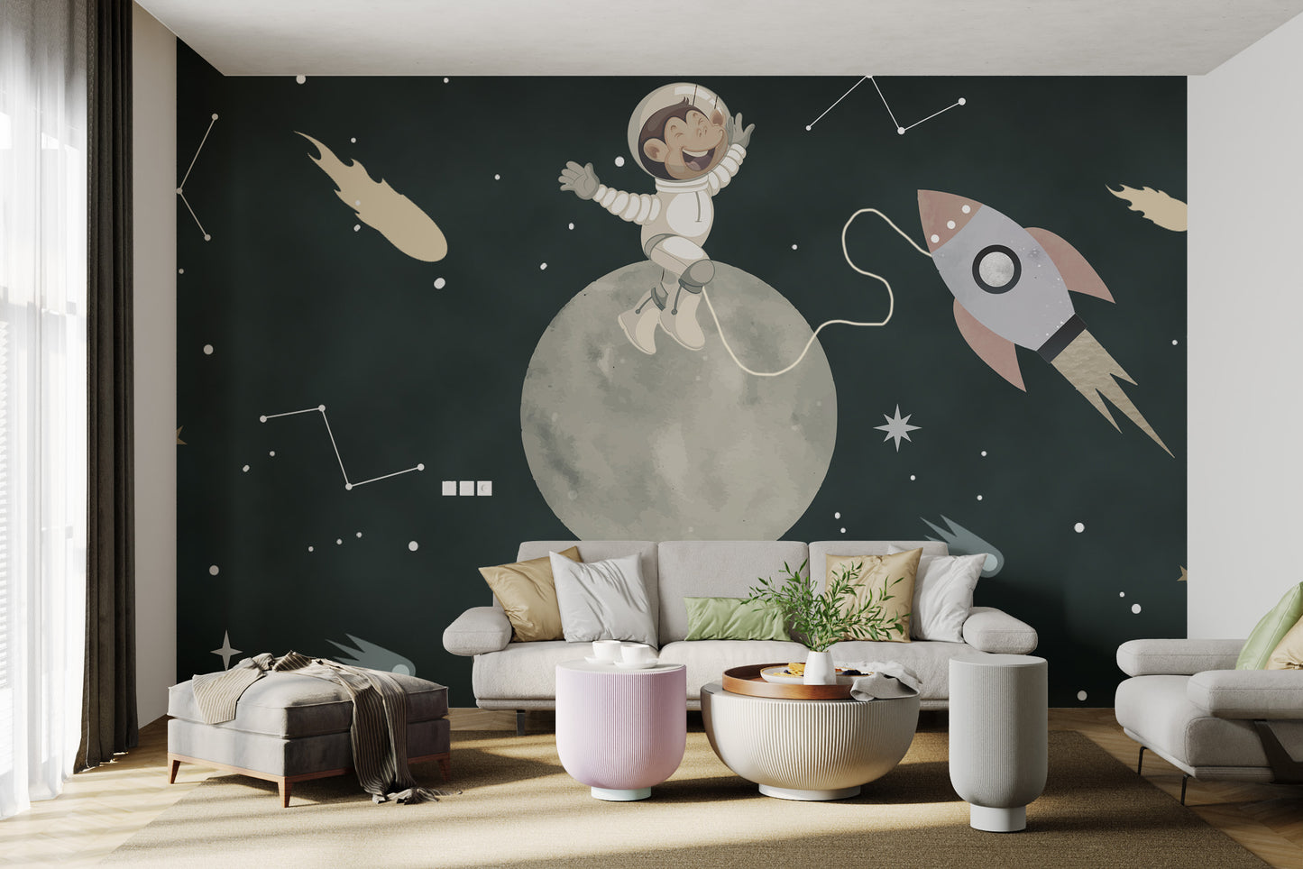 Astronaut monkey having fun on the moon surrounded by stars and constellations.