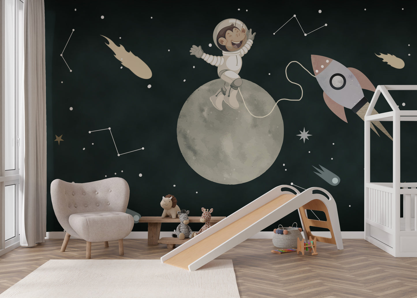 Monkey in a spacesuit floating near a rocket under constellations and comets.